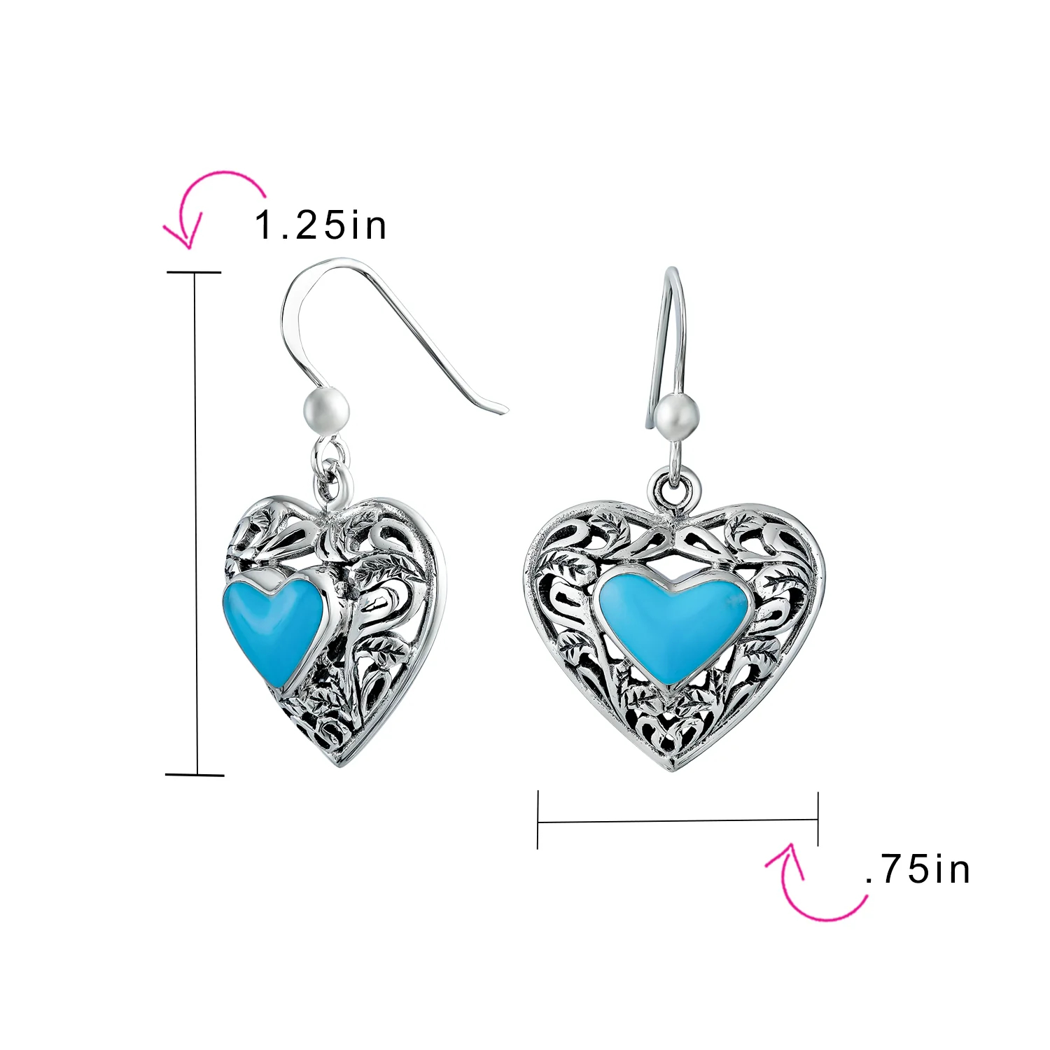 Set of 2 Boho Blue Turquoise Gemstone Arrowhead & Heart Earrings Sterling Silver - Image 5