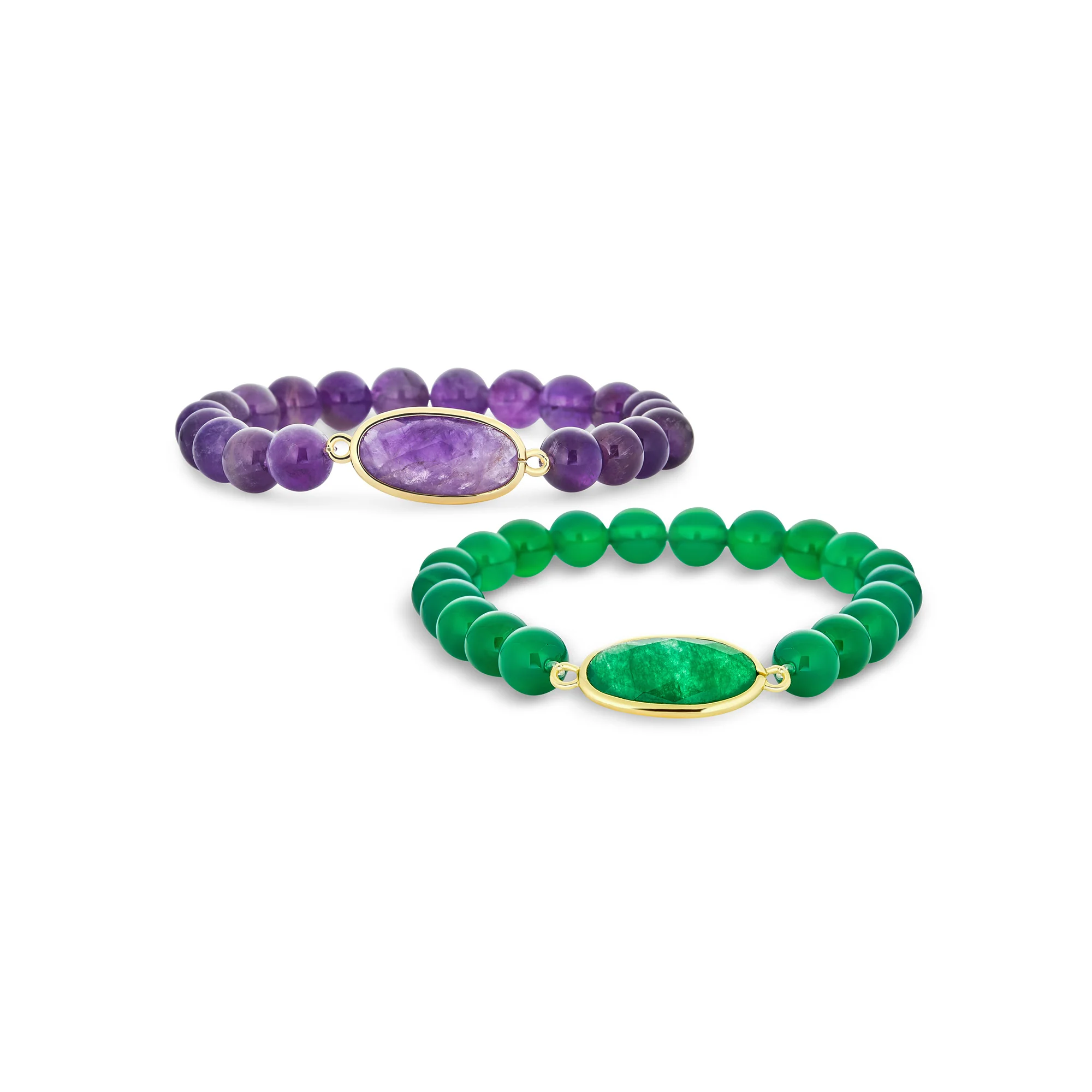 Set of 2 Boho Faceted Large Center Natural 8MM Ball Bead Stone Stretch Bracelet - Image 2