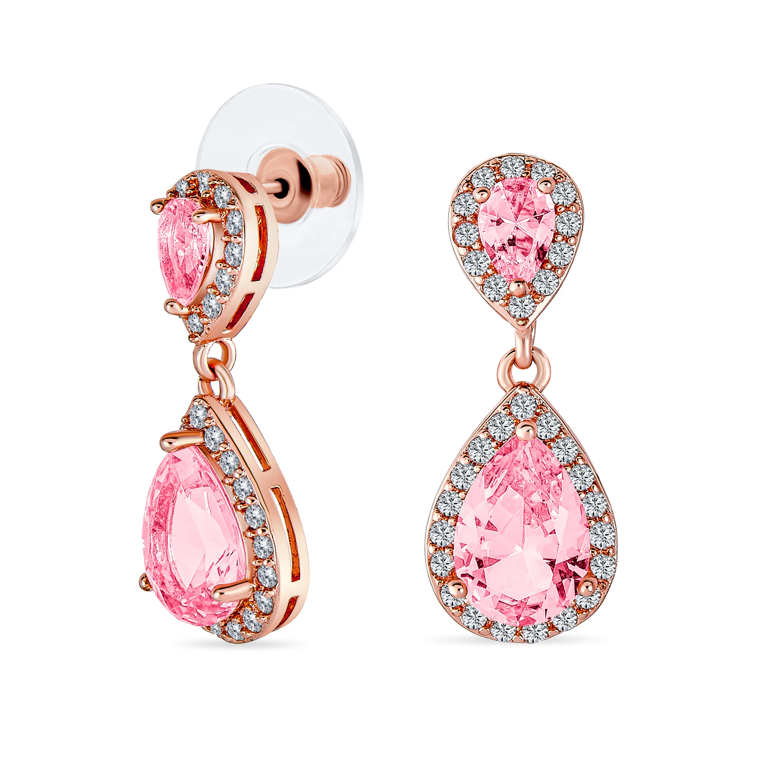 Set of 2 Bridal Pink & Clear CZ Dangle Chandelier Earrings Rose Gold Plated - Image 3