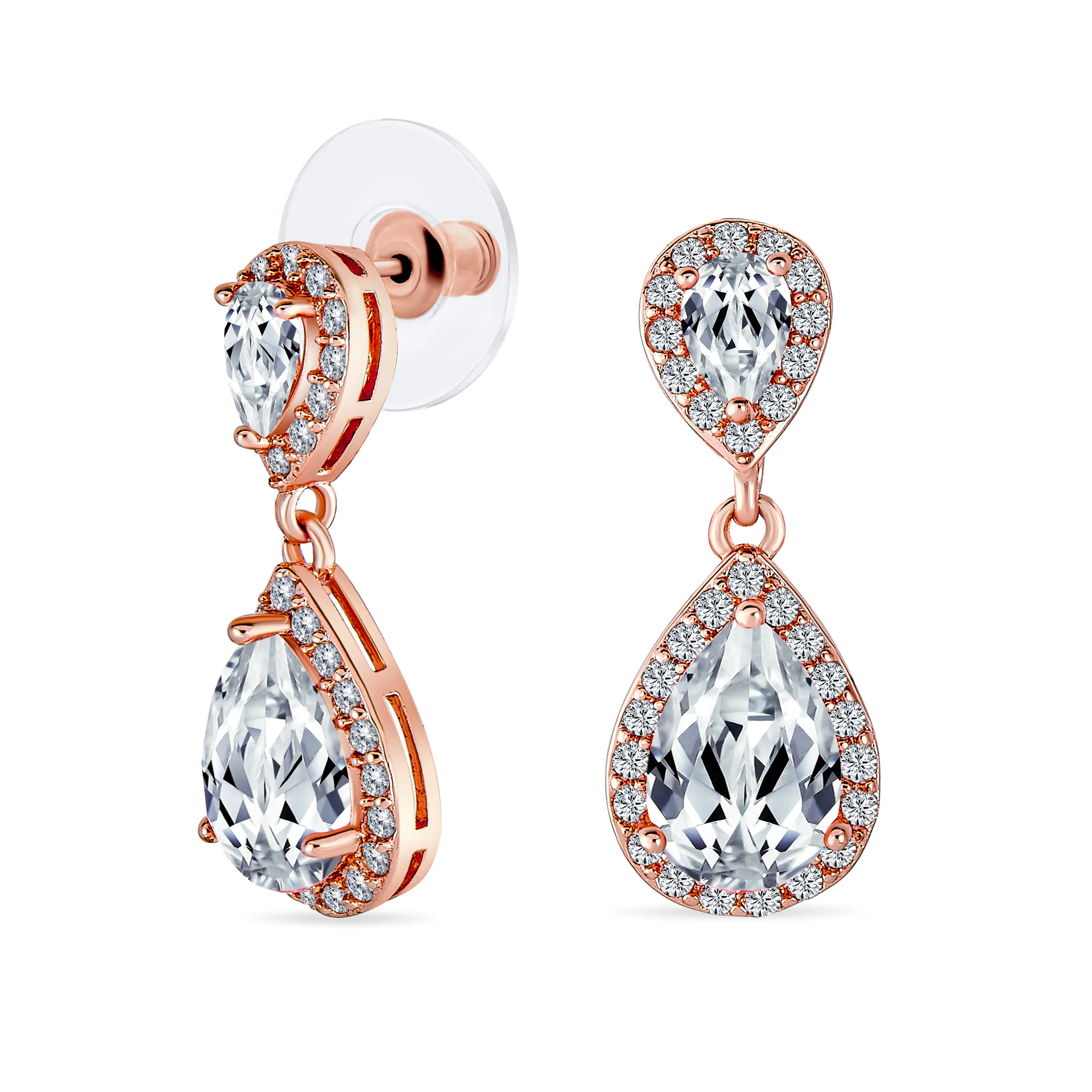 Set of 2 Bridal Pink & Clear CZ Dangle Chandelier Earrings Rose Gold Plated - Image 6