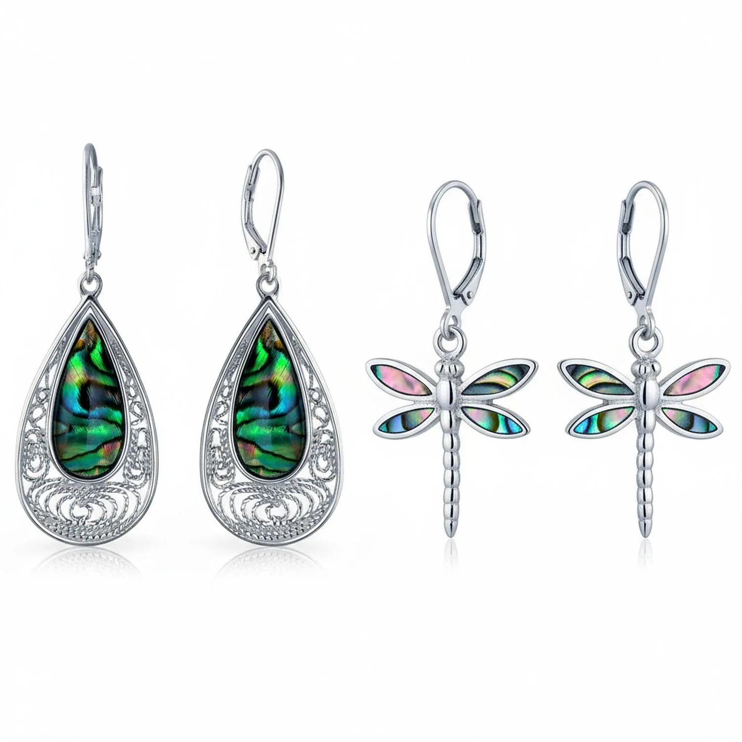 Set of 2 Butterfly Dragonfly & Filigree Teardrop Abalone Shell Dangle Earrings