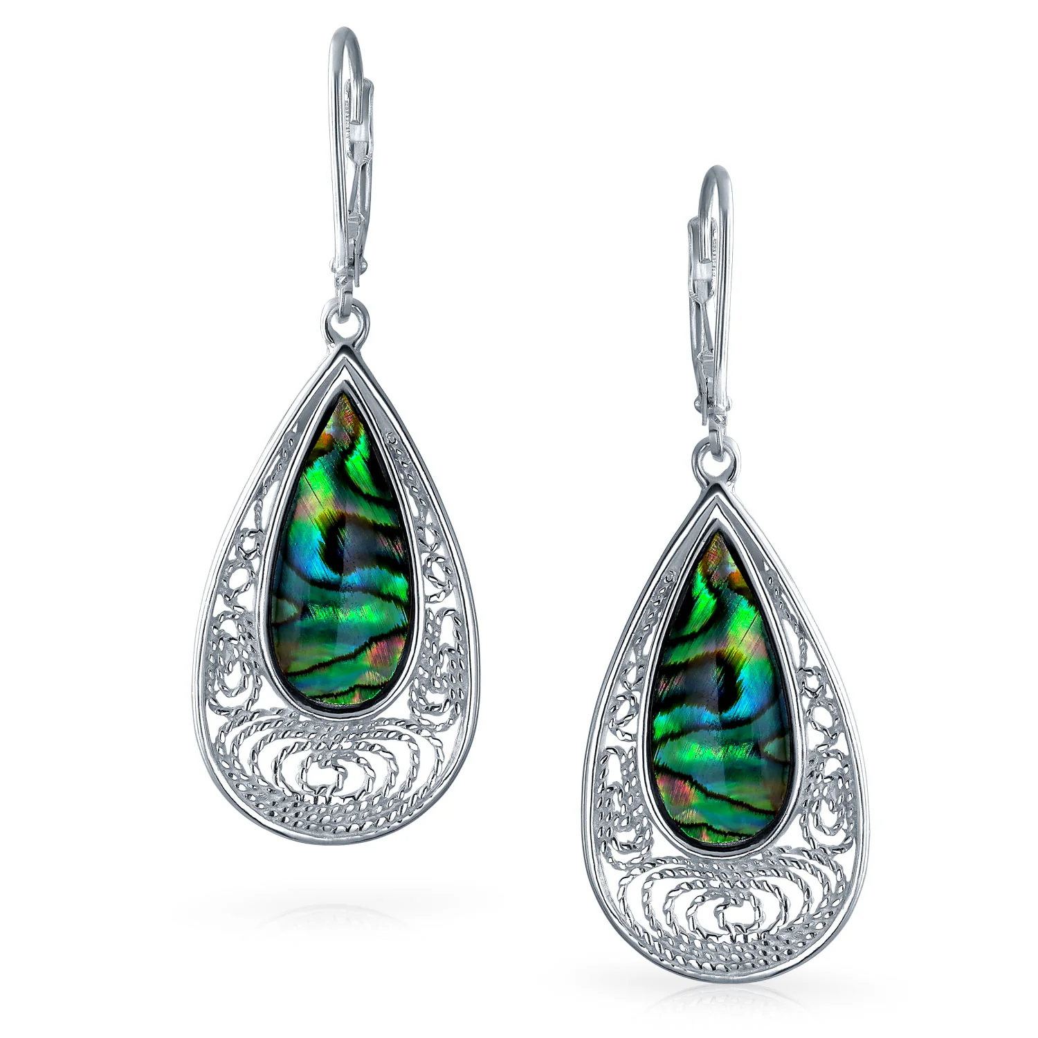 Set of 2 Butterfly Dragonfly & Filigree Teardrop Abalone Shell Dangle Earrings - Image 4