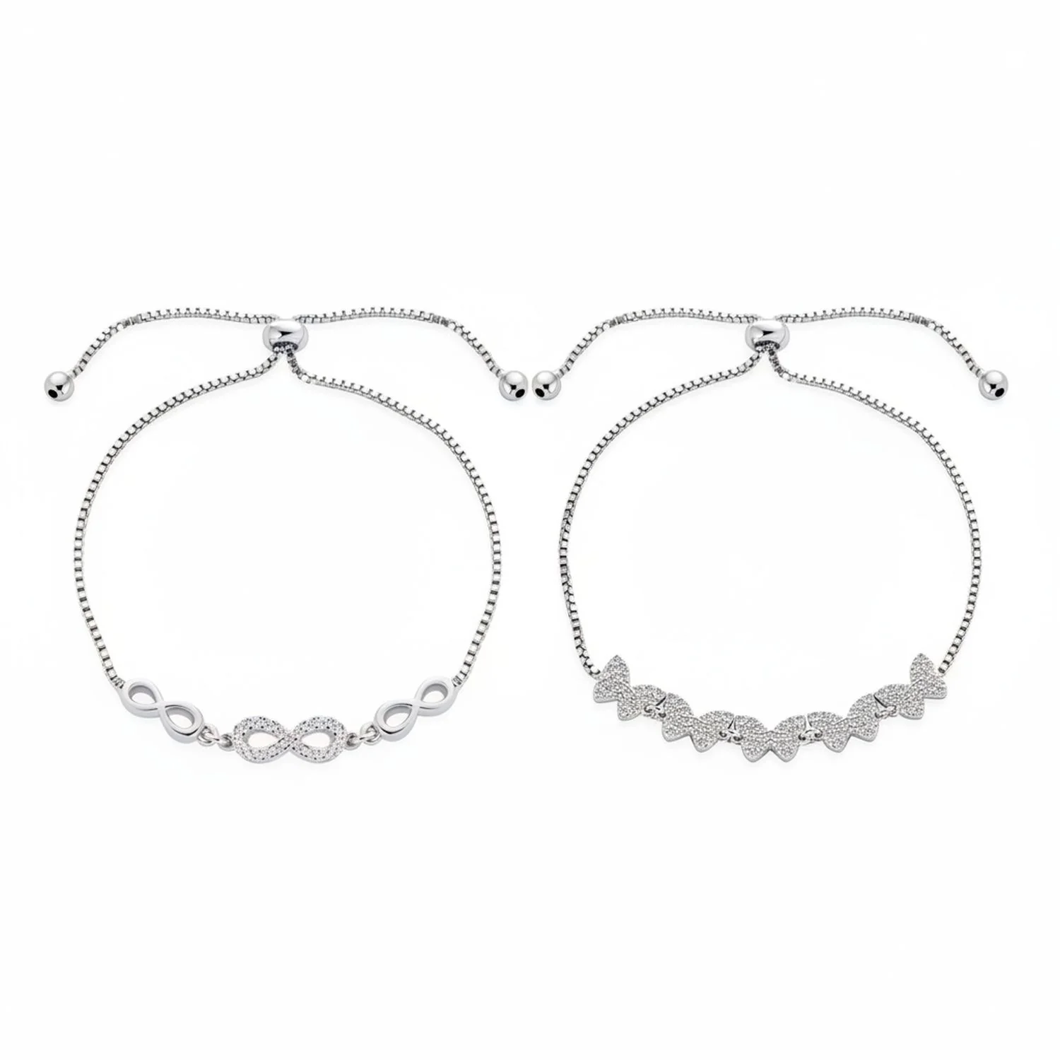 Set of 2 Butterfly & Love Knot CZ Bolo Bracelet Set Sterling Silver Adjustable