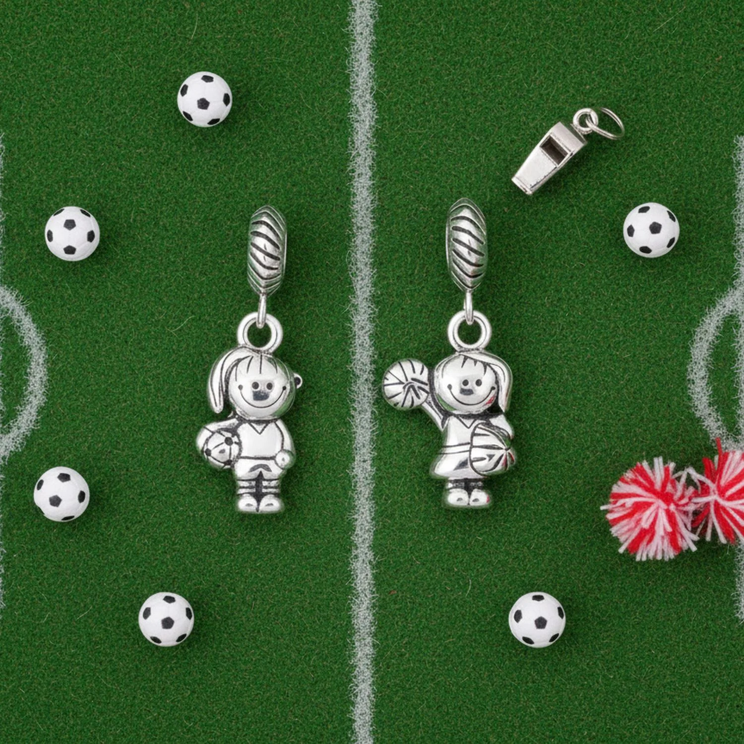 Set of 2 Cheerleader & Soccer Player Dangle Charm Bead Sterling Silver - Image 2