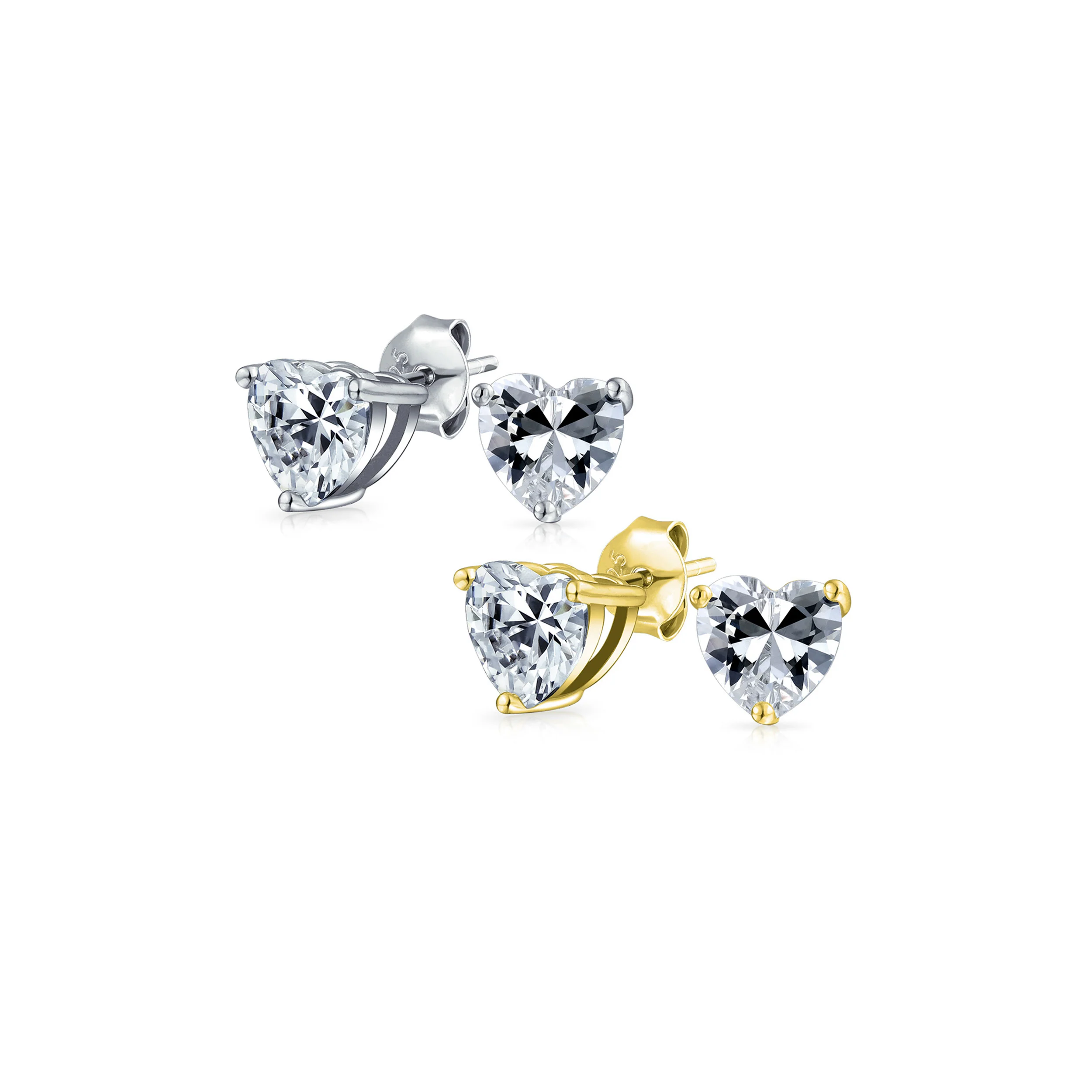 Set of 2 Cubic Zirconia .5CT Solitaire Heart Shaped CZ Stud Earrings Gold .925 Sterling Silver 5MM