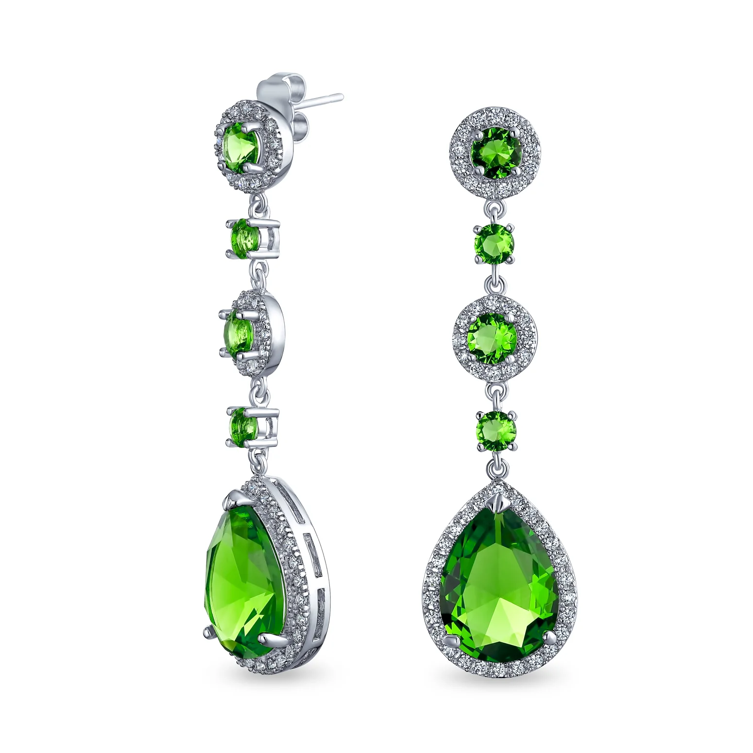 Set of 2 Clear & Green CZ Teardrop Dangle Chandelier Earrings Sterling Silver - Image 3