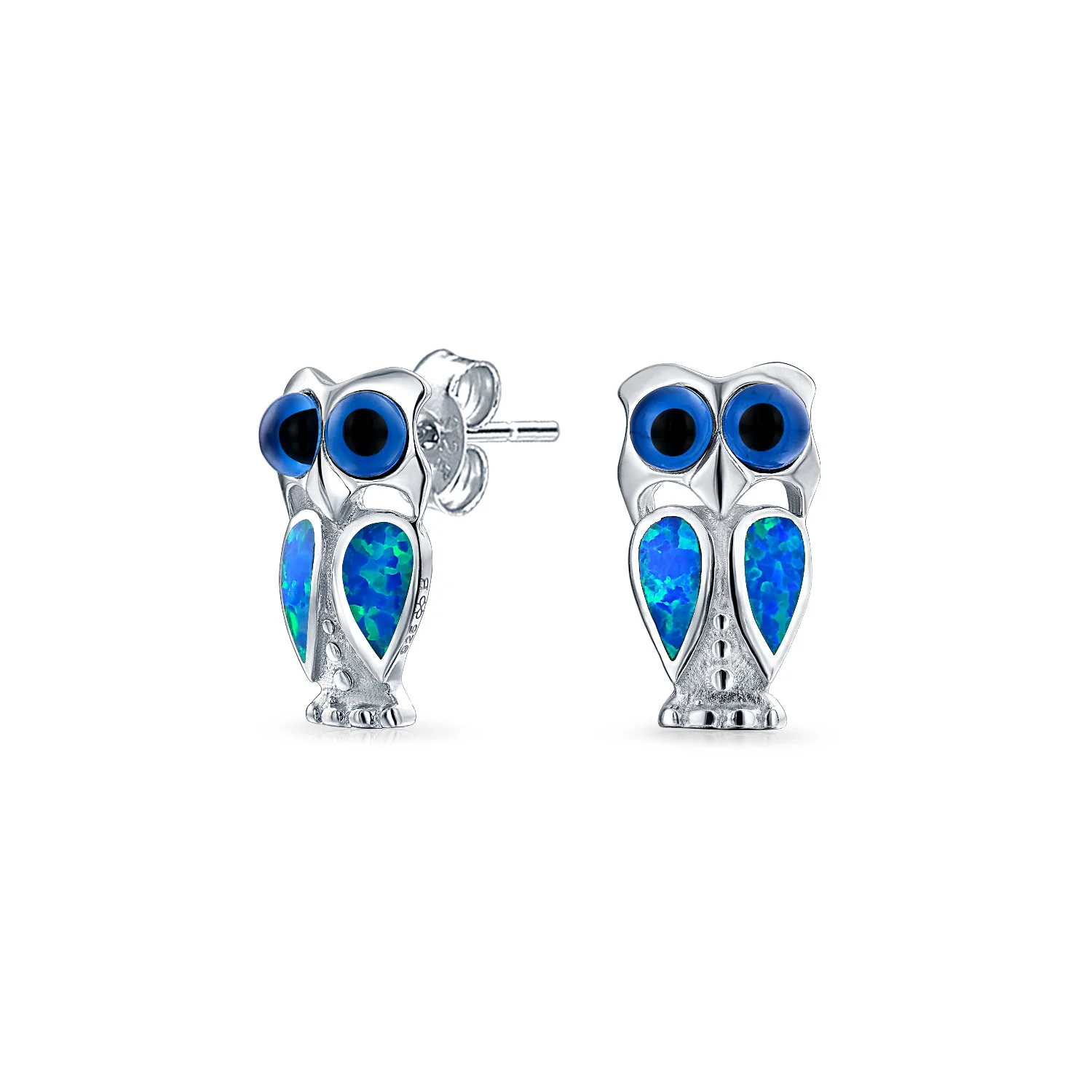 Set of 2 Created Blue Opal Dragonfly & Owl Stud Earrings Sterling Silver - Image 3