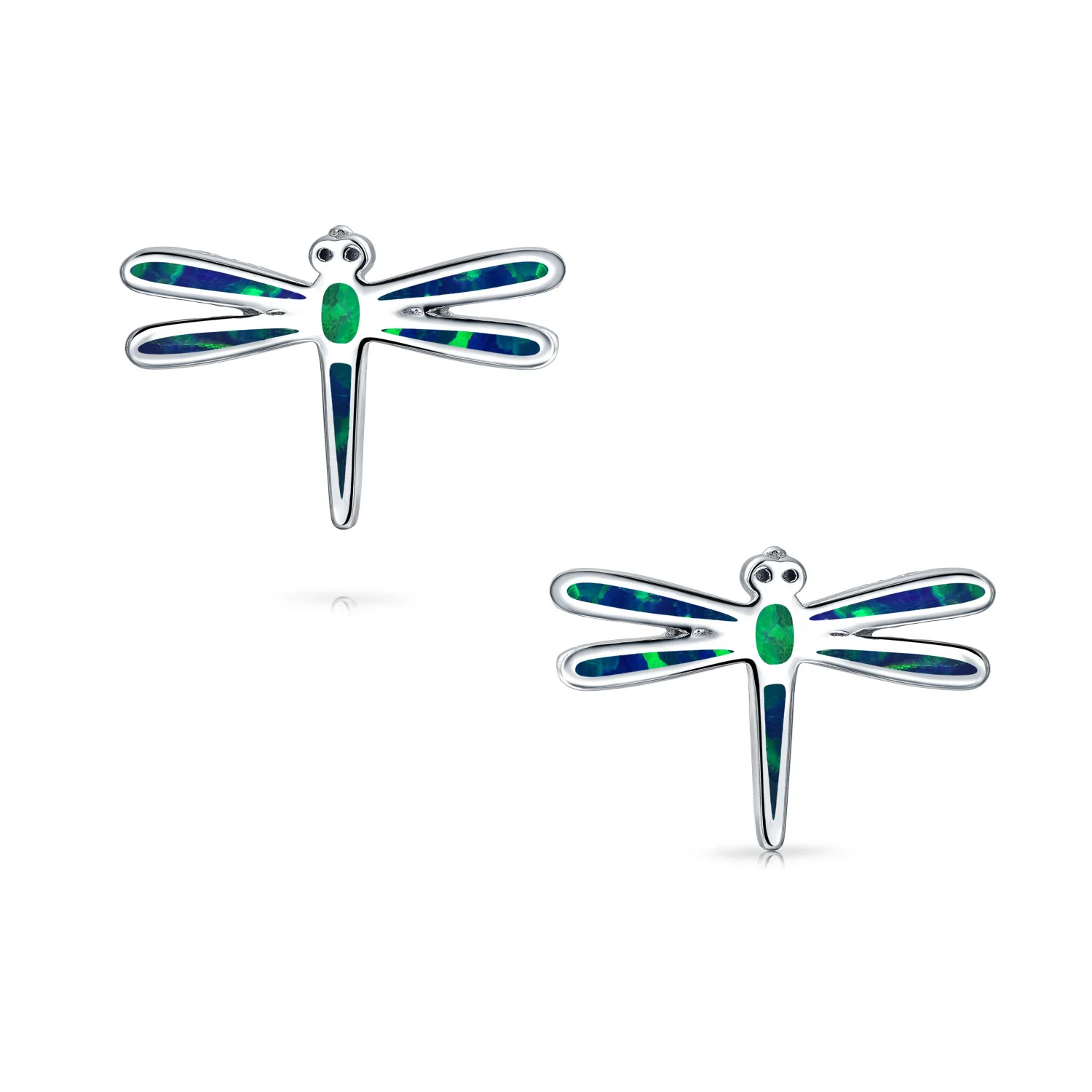 Set of 2 Created Blue Opal Dragonfly & Owl Stud Earrings Sterling Silver - Image 6