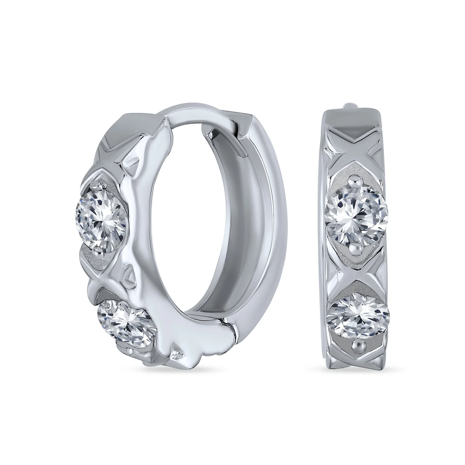 Set of 2 CZ Pave Circle & XO Crisscross Huggie Hoop Earrings Sterling Silver - Image 3