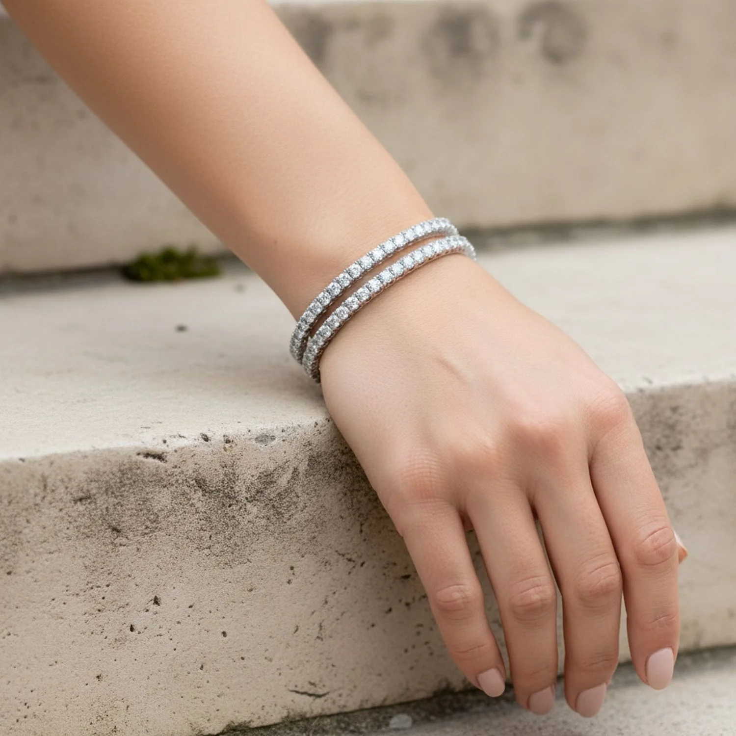 Set of 2 CZ Princess Cut Eternity Tennis Stackable Bangle Bracelet Silver Plated - Image 2