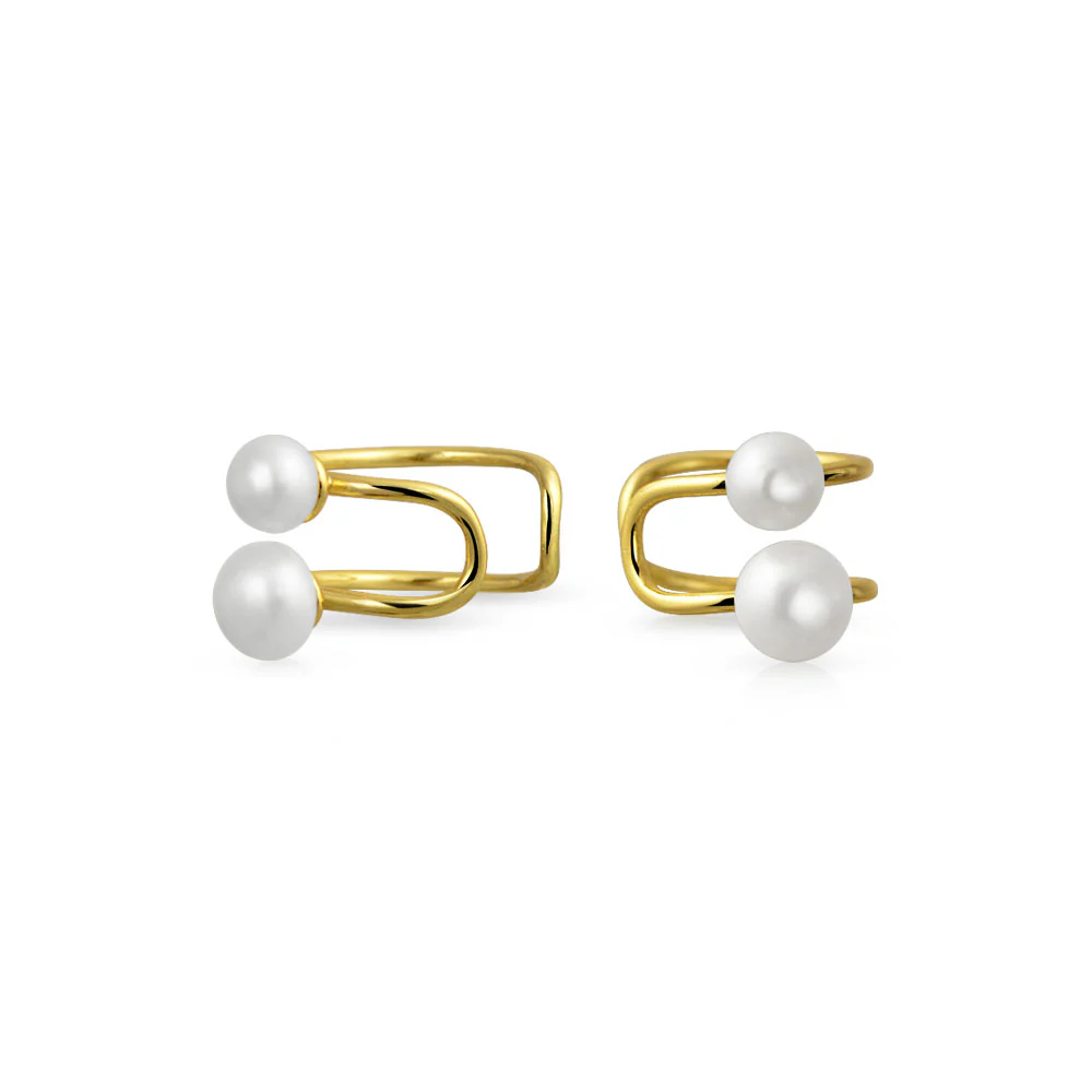 Set of 2 Dainty Bow & Spiral Pearl Cartilage Ear Cuff Helix Earrings Gold Plated - Image 3