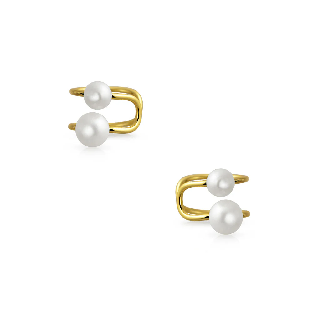 Set of 2 Dainty Bow & Spiral Pearl Cartilage Ear Cuff Helix Earrings Gold Plated - Image 4