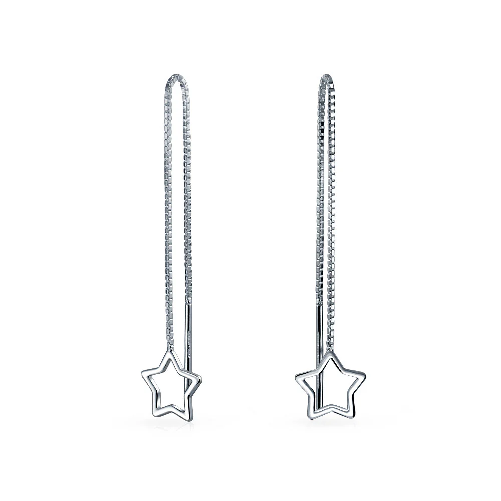 Set of 2 Music Note Celestial Star Long Chain Threader Dangle Earrings Silver - Image 5