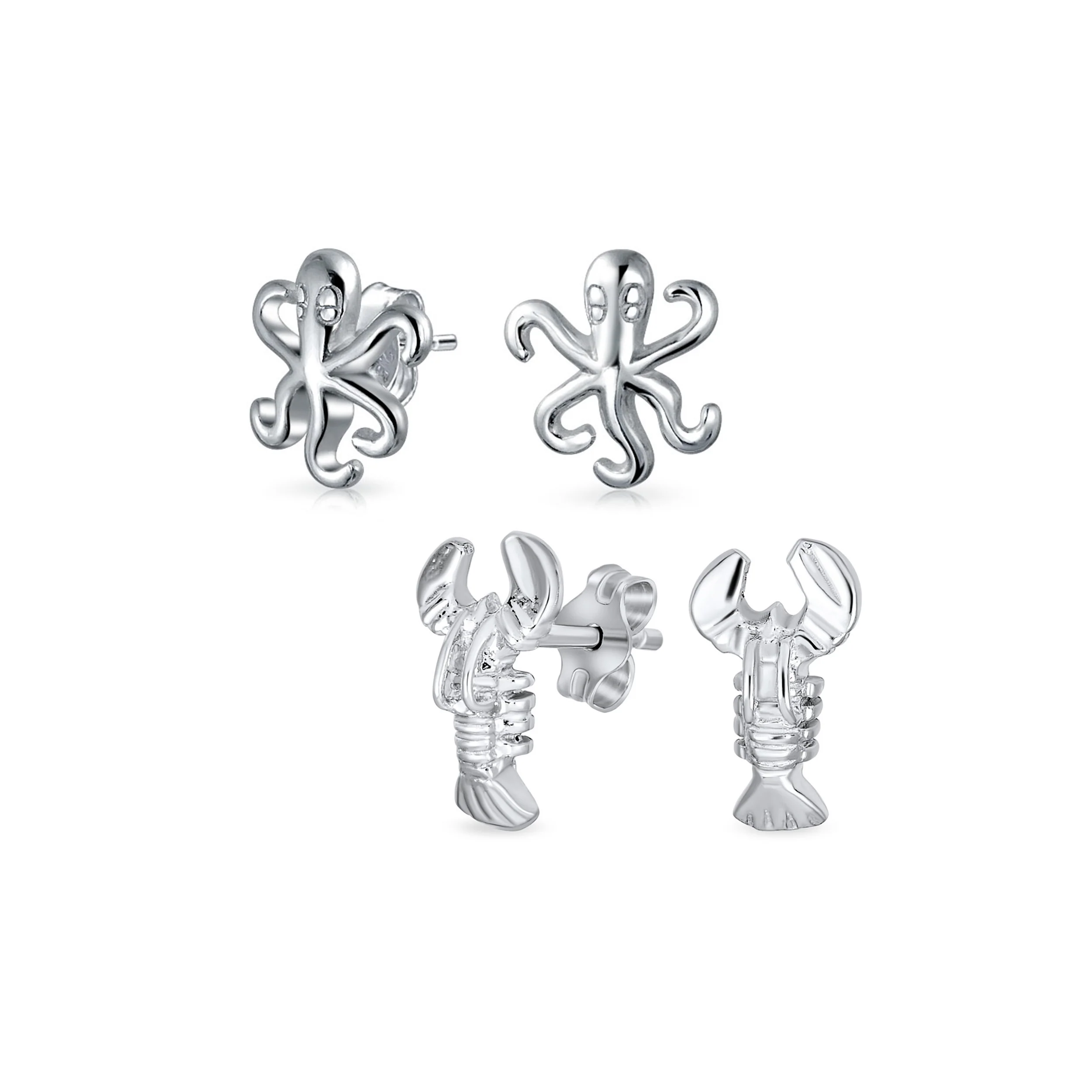 Set of 2 Nautical Ocean Marine Life Lobster and Octopus Stud Earrings Silver