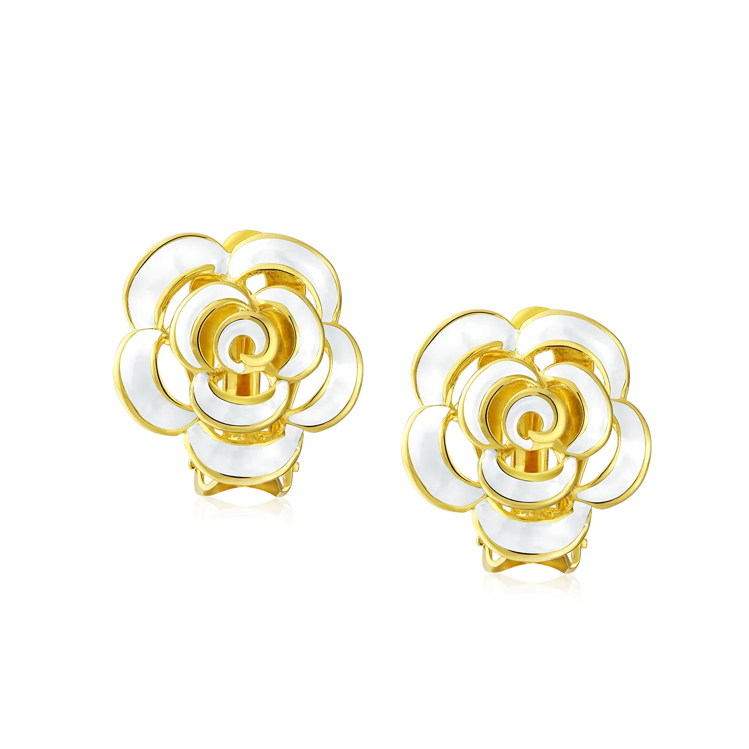 Set of 2 Fashion Enamel 3D Blue White Rose Flower Clip-On Earrings Button Style Gold Plated - Image 2
