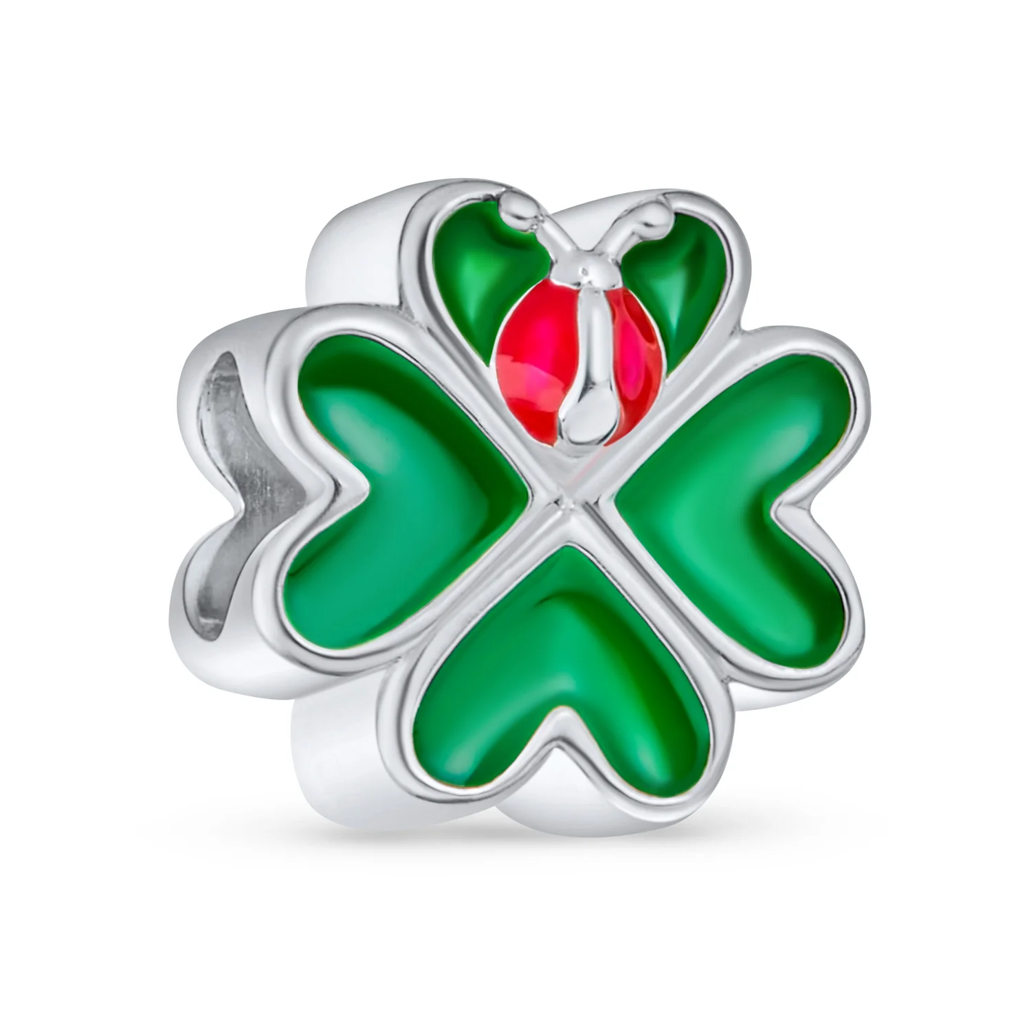 Set of 2 Flower Heart Dangle & Lady Bug Clover Charm Bead Enamel Sterling Silver - Image 3