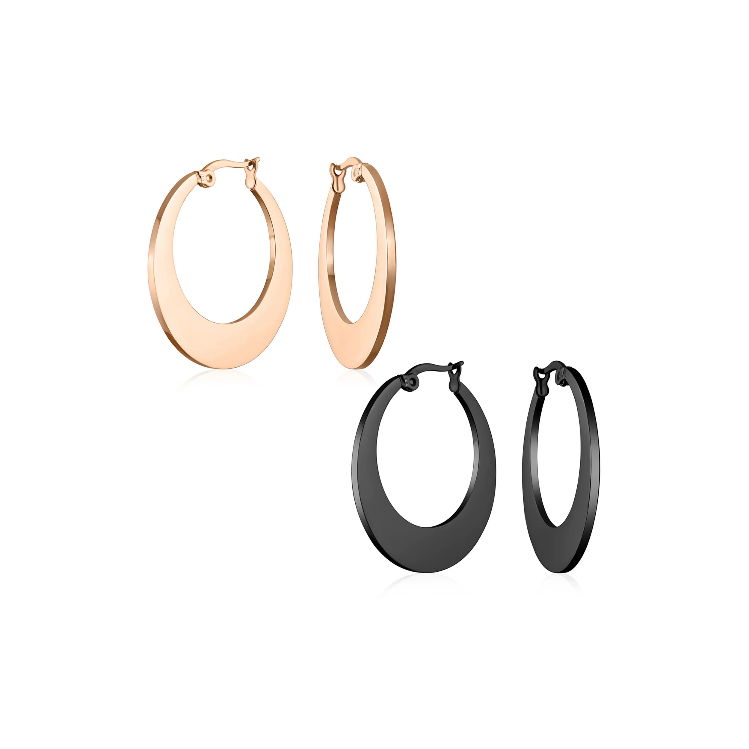 Set of 2 Flat Oval Hoop Huggies Earrings Black Rose Gold Plated Steel 1.25 Inch