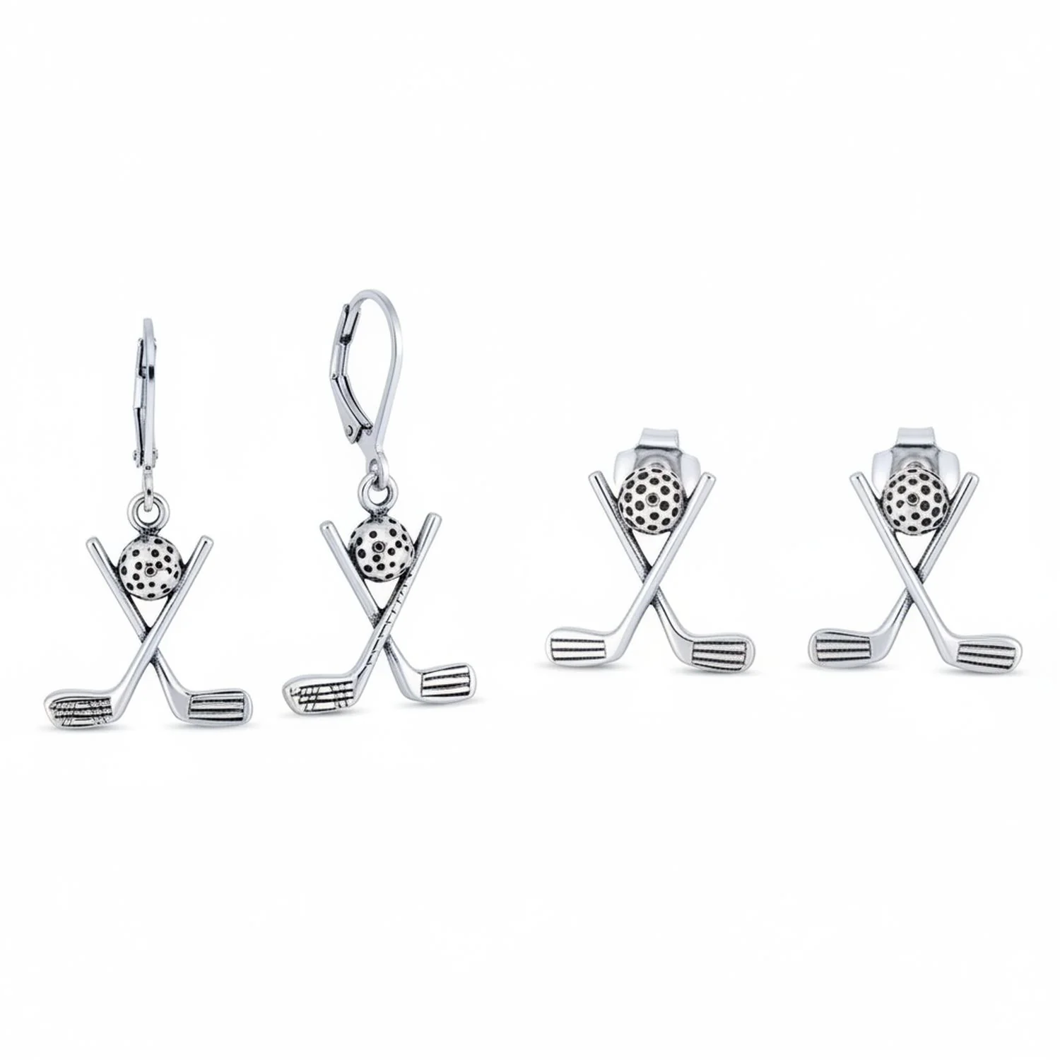 Set of 2 Golf Ball & Club Dangle and Stud Earrings Oxidized Sterling Silver