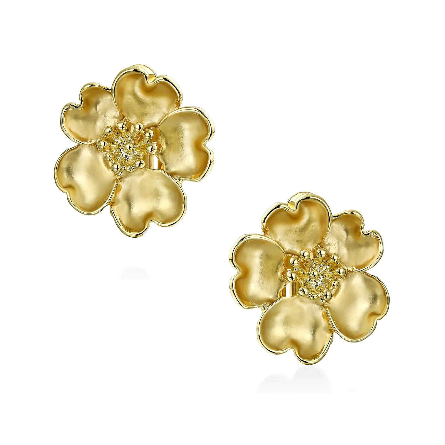 Set of 2 Heart Petals Flower CZ Clip-On Earrings Gold Plated - Image 2