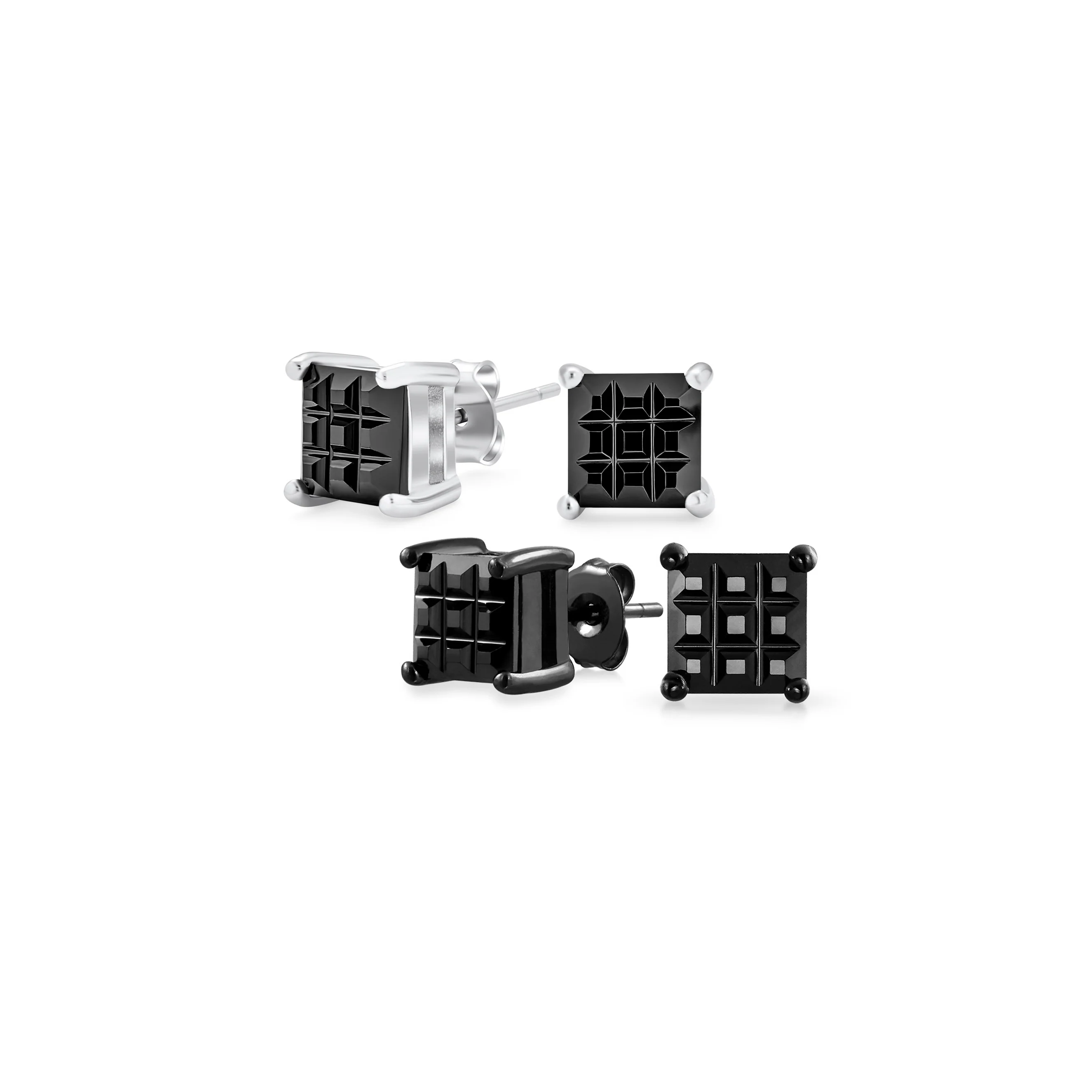 Set of 2 Invisible Cut Square Black CZ Checkboard Stud Earrings Black Plated 5MM
