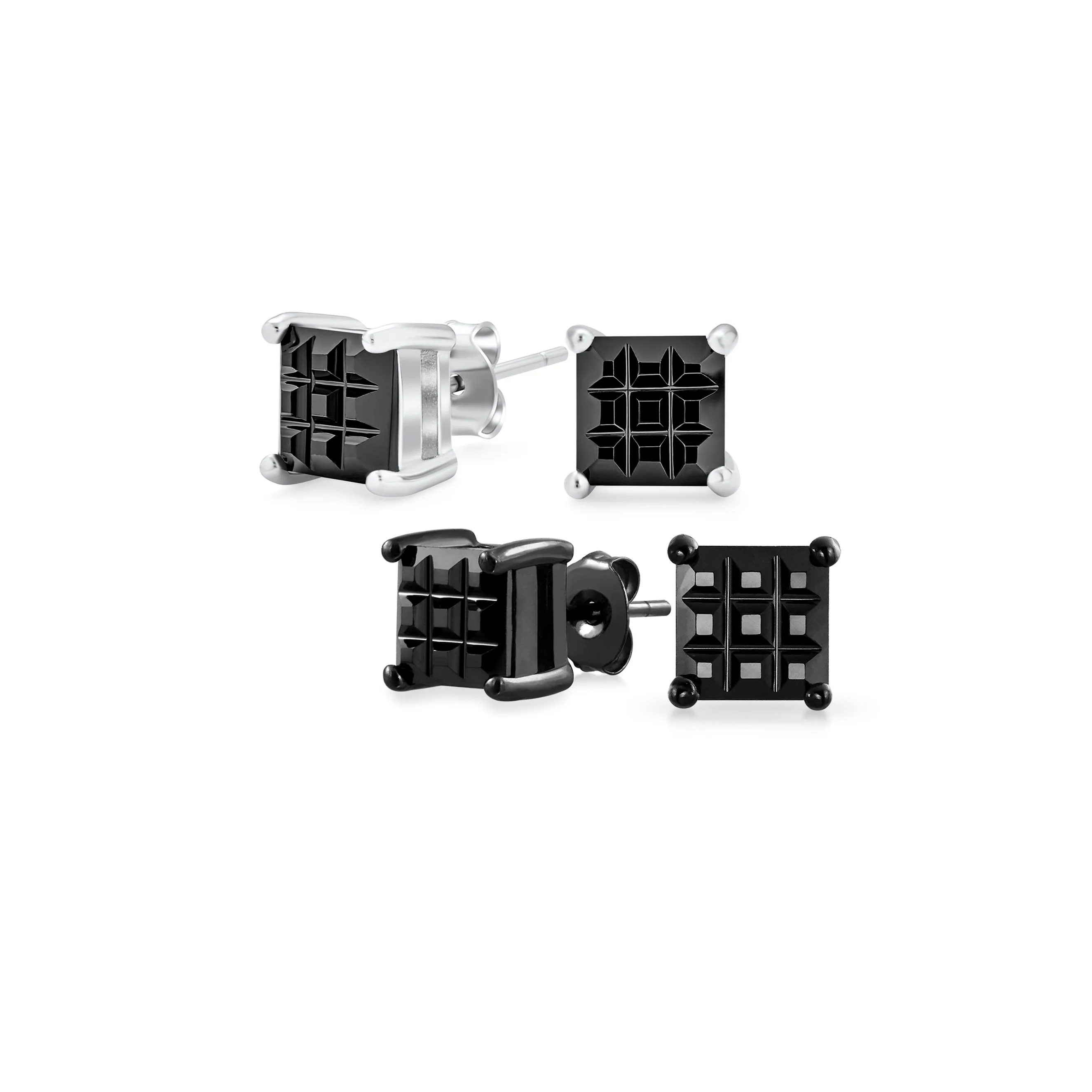 Set of 2 Invisible Cut Square Black CZ Checkboard Stud Earrings Black Plated 5MM - Image 2