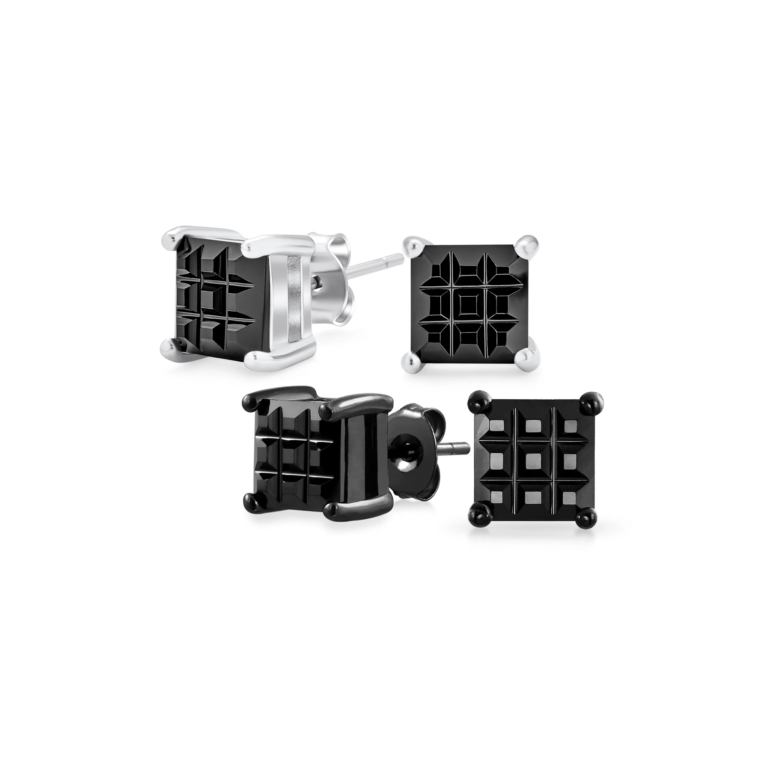 Set of 2 Invisible Cut Square Black CZ Checkboard Stud Earrings Black Plated 5MM - Image 3