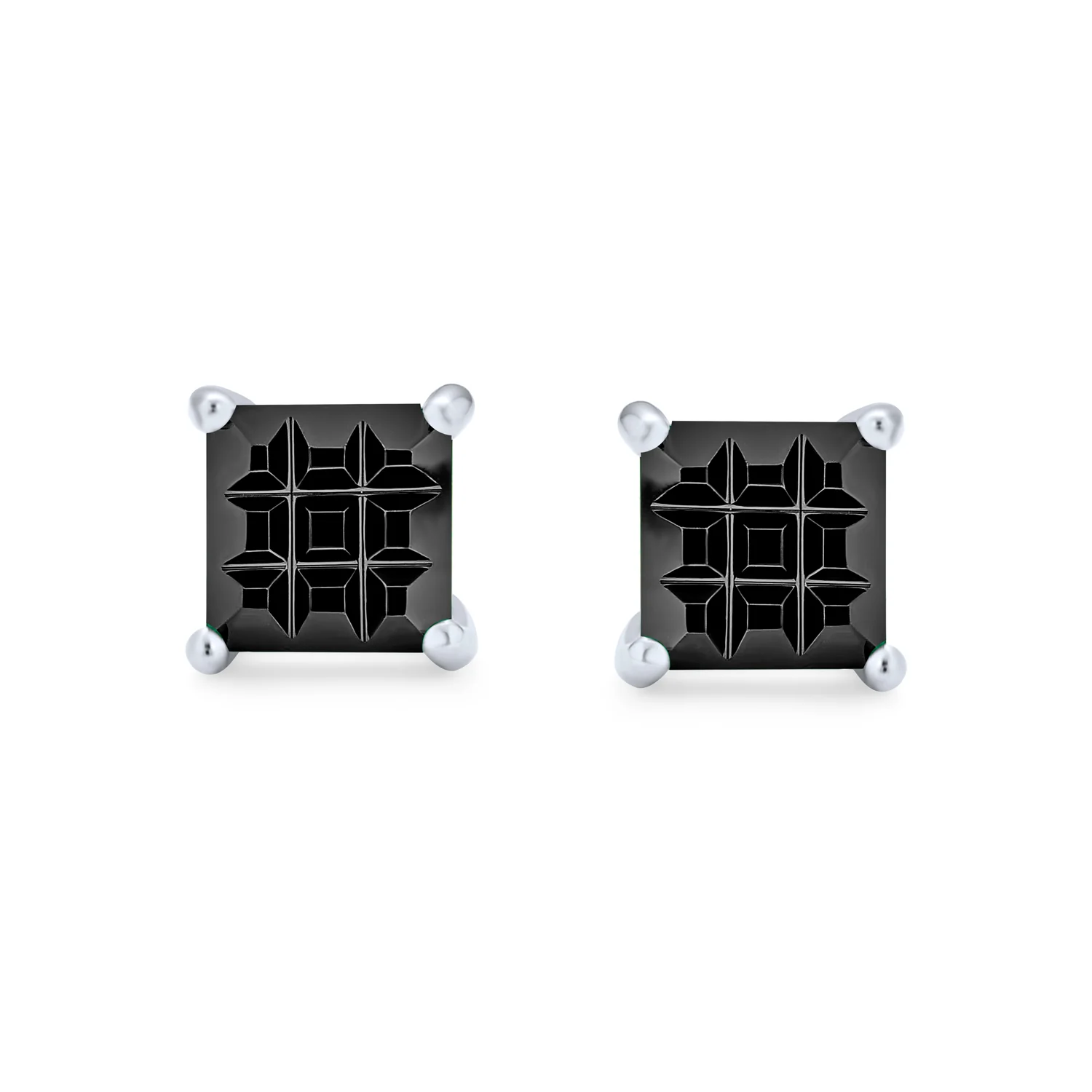Set of 2 Invisible Cut Square Black CZ Checkboard Stud Earrings Black Plated 5MM - Image 8