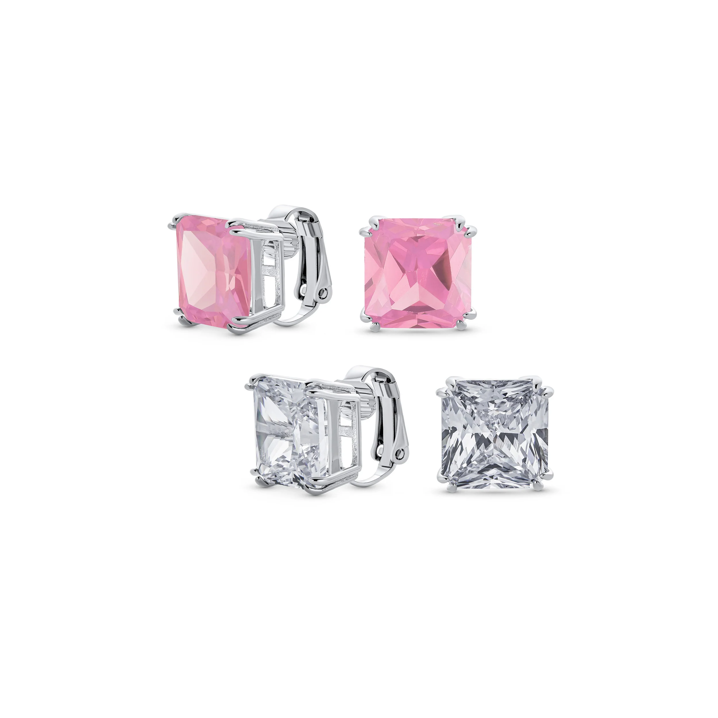 Set of 2 Large 5CT Purple Olive Green Square CZ Solitaire Clip-On Earrings 12MM - Image 2