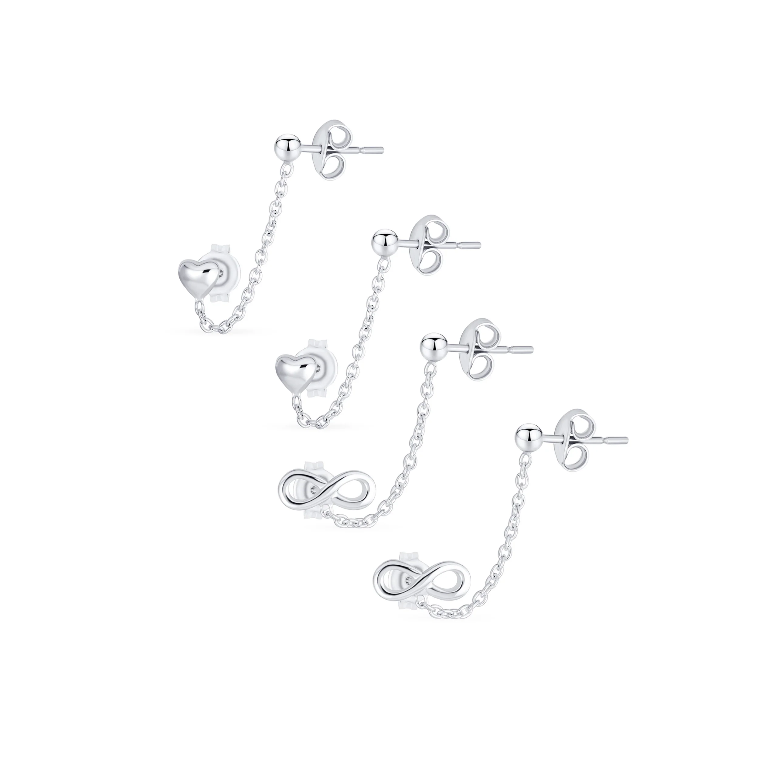 Set of 2 Love Knot Infinity Heart Ear Cuff Cartilage Chain and Stud Earrings Sterling Silver
