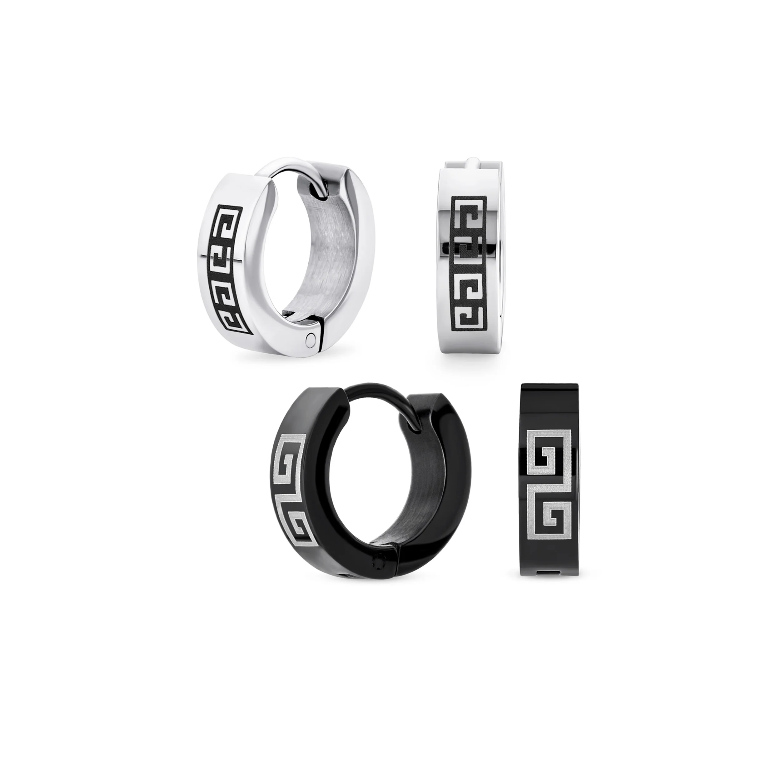 Set of 2 Greek Key Pattern Mini Hoop Huggies Earrings Black, Silver Stainless Steel