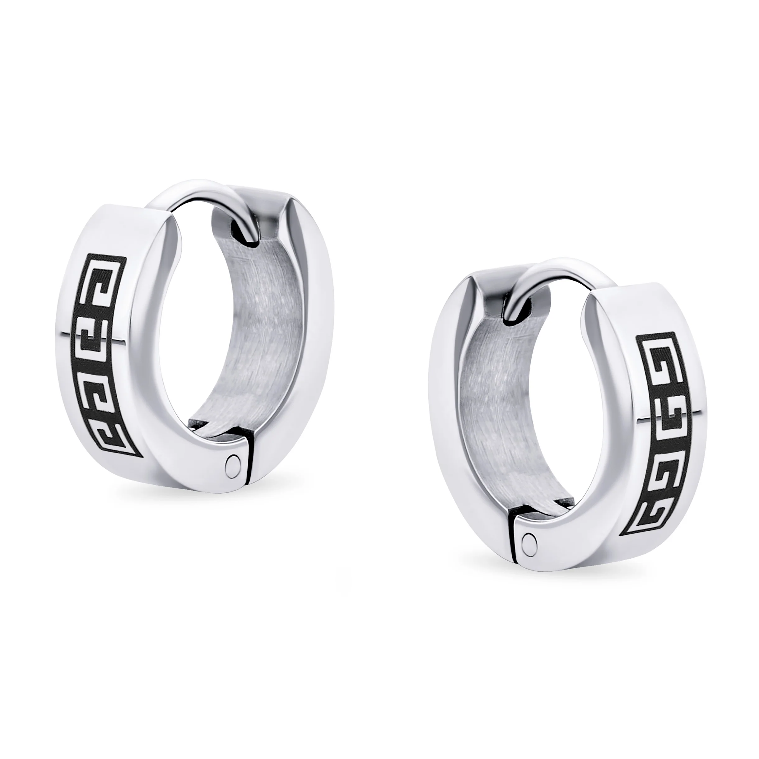 Set of 2 Greek Key Pattern Mini Hoop Huggies Earrings Black, Silver Stainless Steel - Image 2