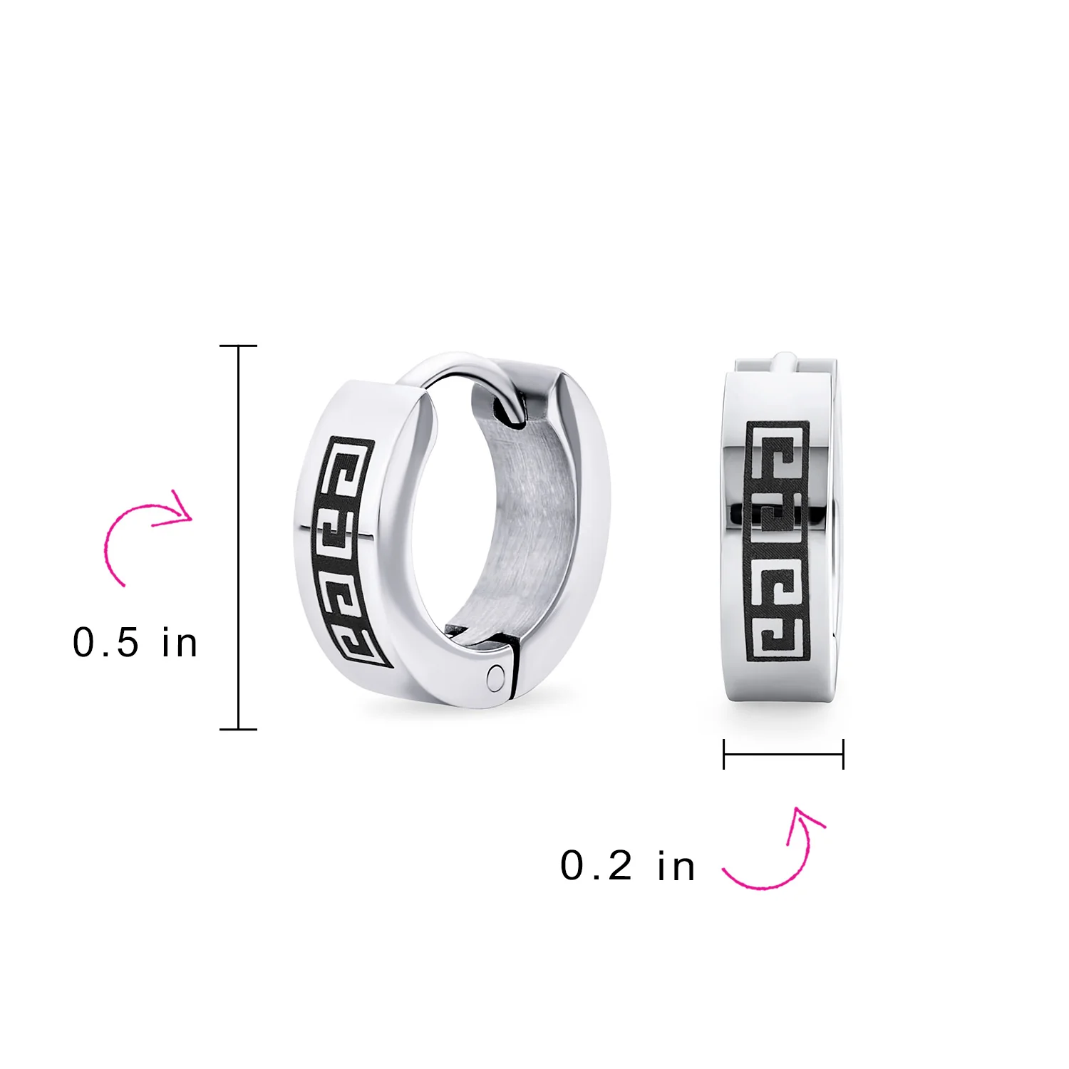 Set of 2 Greek Key Pattern Mini Hoop Huggies Earrings Black, Silver Stainless Steel - Image 4