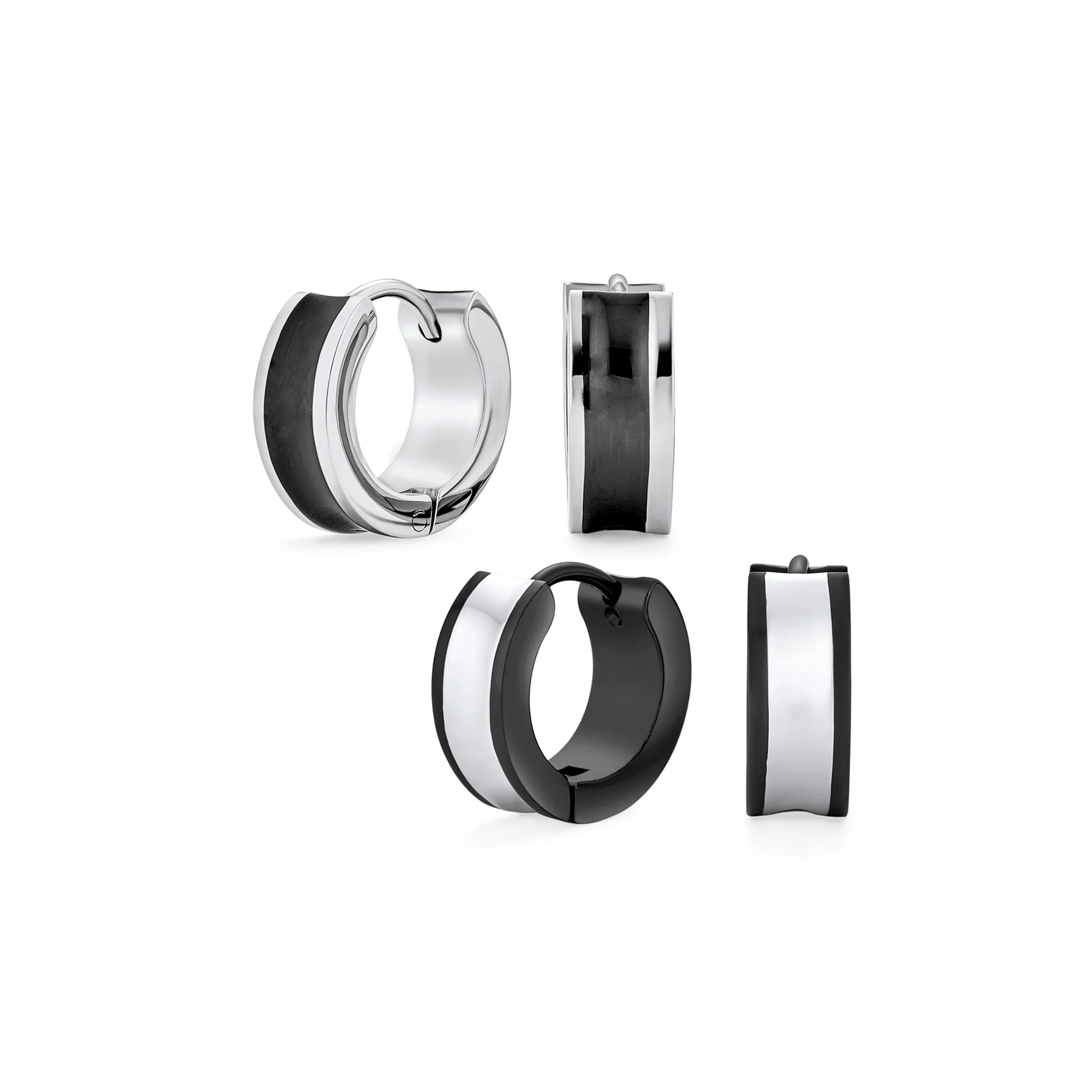 Set of 2 Two Tone Striped Black Enamel Huggie Hoop Earrings Stainless Steel