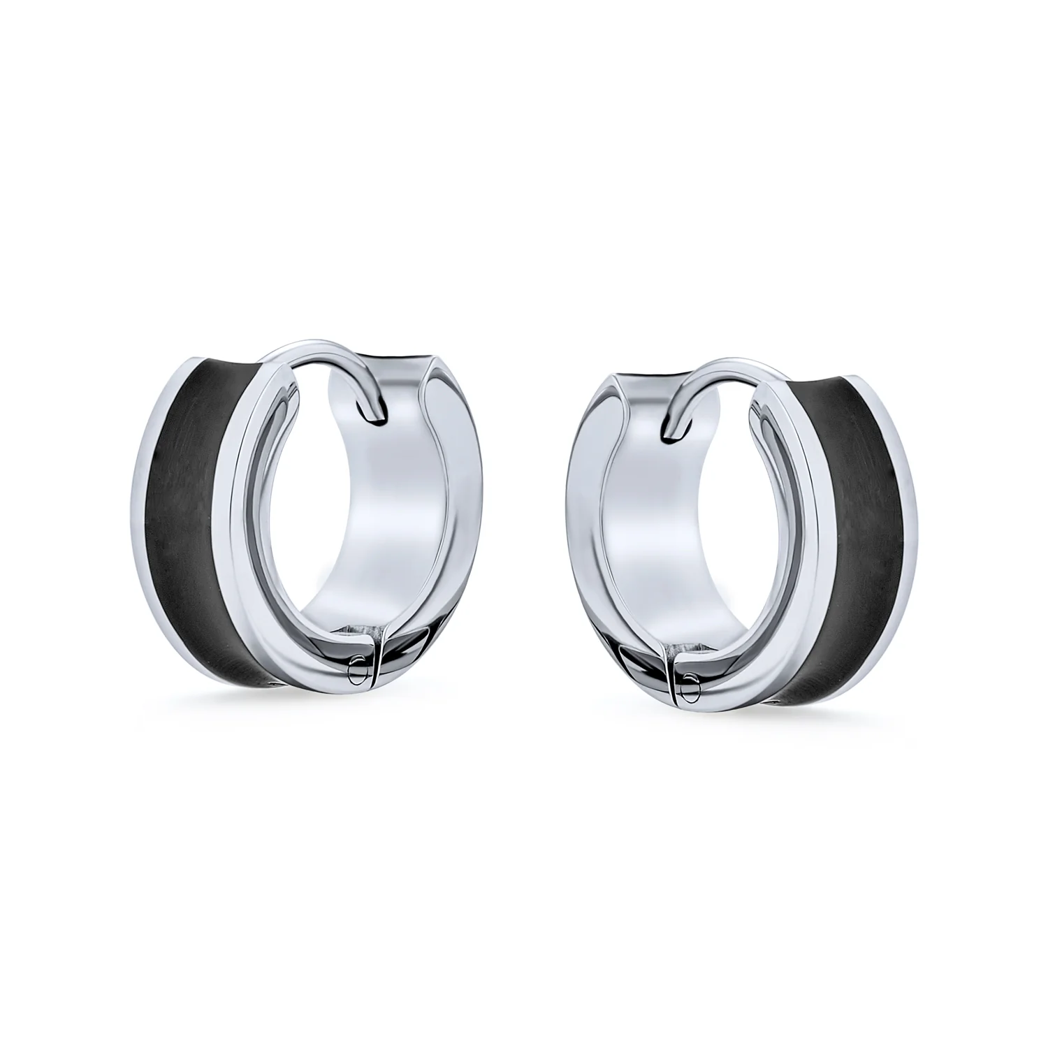 Set of 2 Two Tone Striped Black Enamel Huggie Hoop Earrings Stainless Steel - Image 2