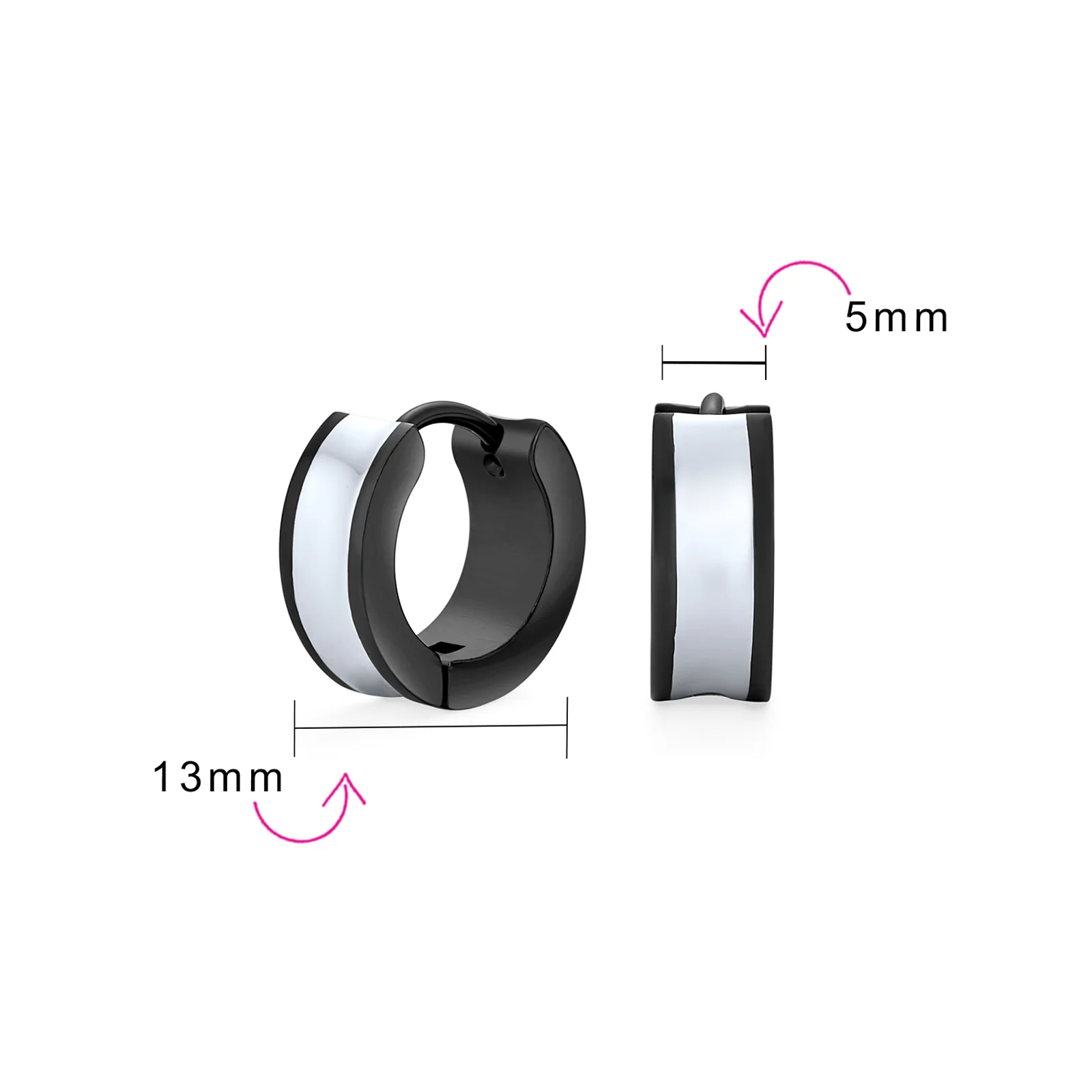 Set of 2 Two Tone Striped Black Enamel Huggie Hoop Earrings Stainless Steel - Image 4