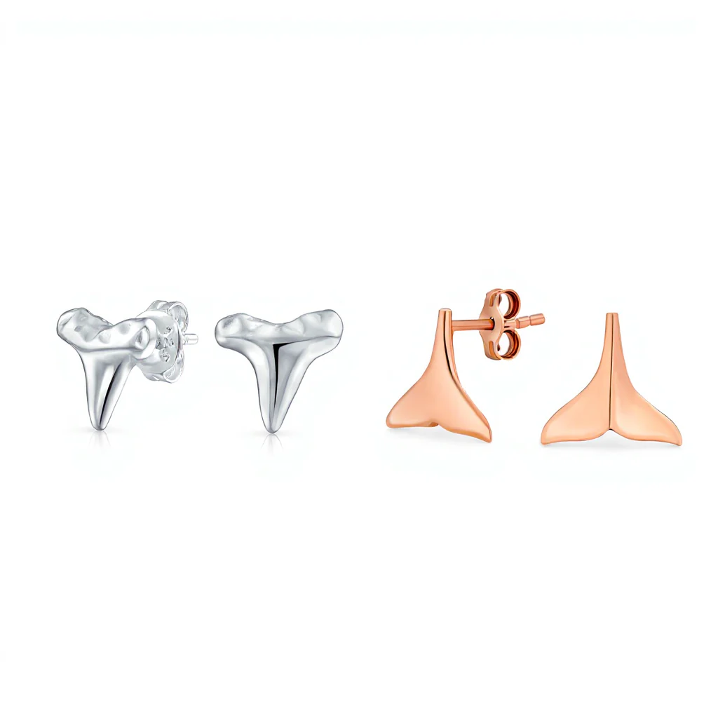 Set of 2 Mermaid Fin & Shark Tooth Stud Earrings Rose Gold Sterling Silver