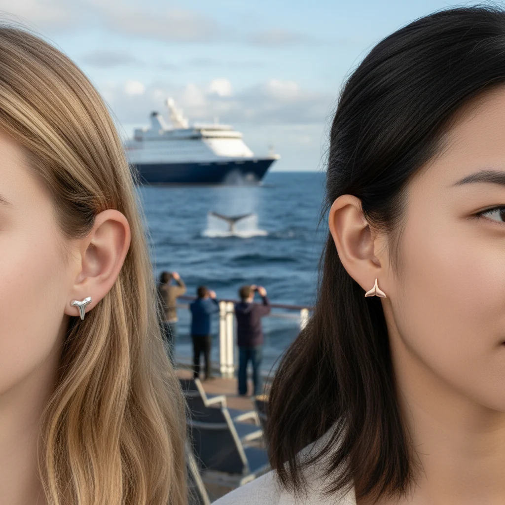 Set of 2 Mermaid Fin & Shark Tooth Stud Earrings Rose Gold Sterling Silver - Image 2