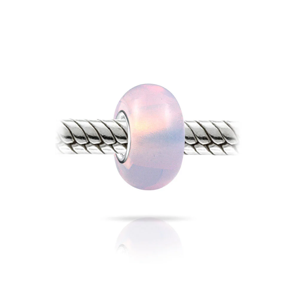 Set of 2 Milky Pink Opaque Murano Glass Charm Bead Sterling Silver for Bracelets - Image 2