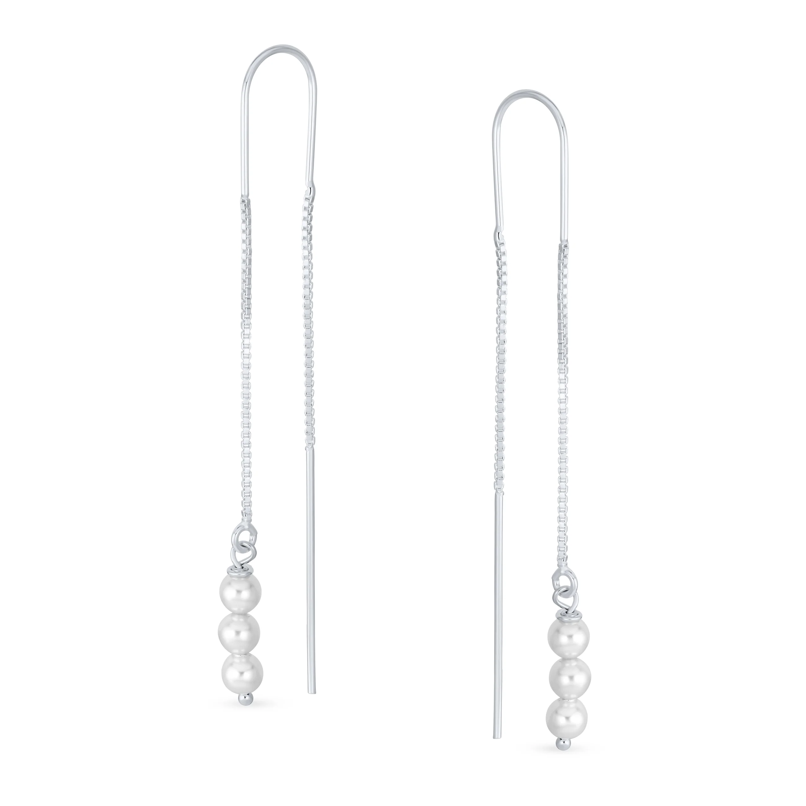 Set of 2 Minimalist Long Chain Wire Hook Dangle Earrings 3 Pearls 4 Bead Balls - Image 2