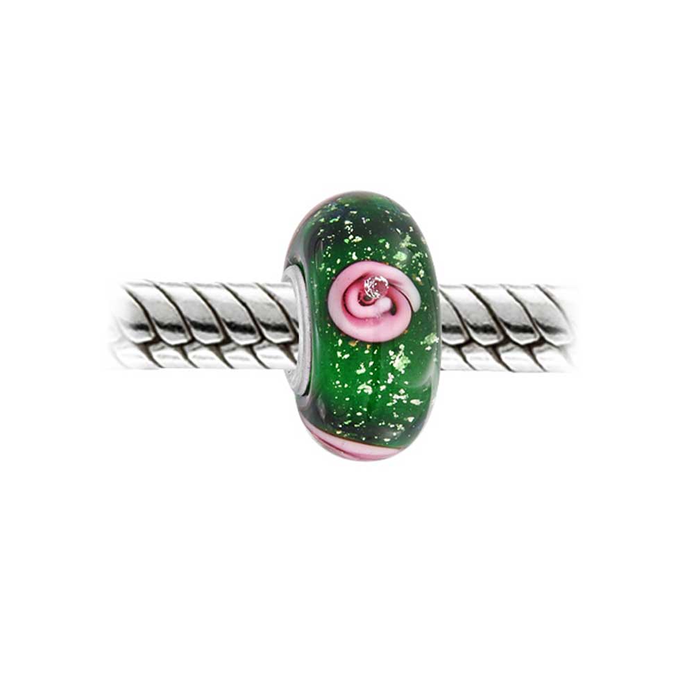 Set of 2 Murano Glass Charm Bead Sterling Silver Core Floral Blue Pink Green - Image 2