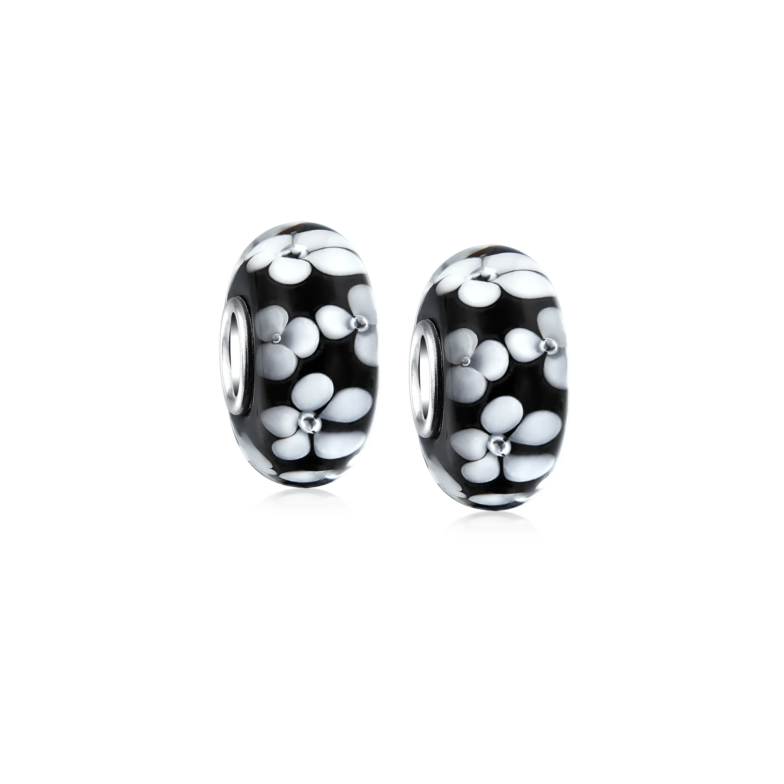 Set of 2 Murano Glass Charm Bead Sterling Silver Core Floral Design for Bracelet - Image 2