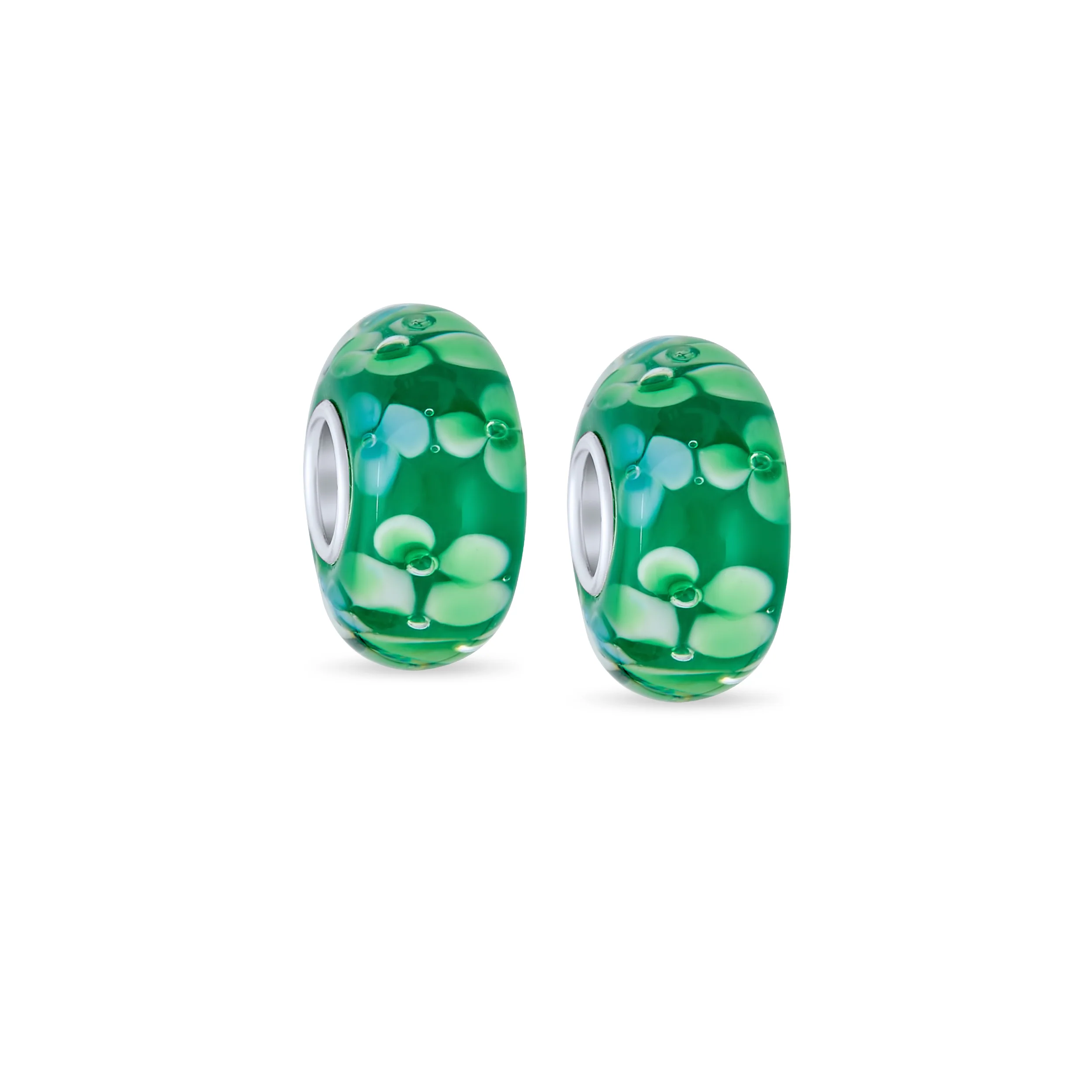 Set of 2 Murano Glass Charm Bead Sterling Silver Core Floral Design for Bracelet - Image 3