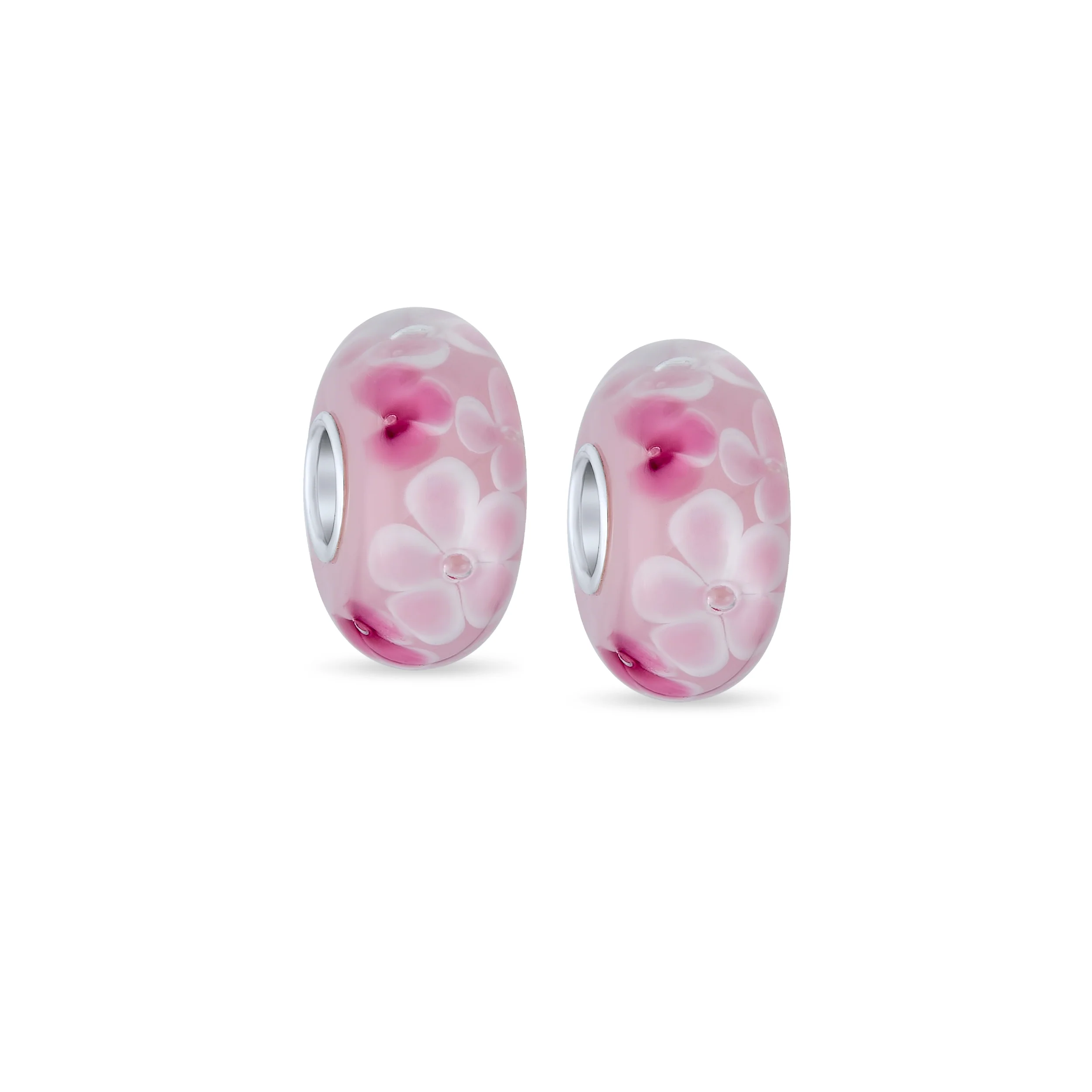 Set of 2 Murano Glass Charm Bead Sterling Silver Core Floral Design for Bracelet - Image 4