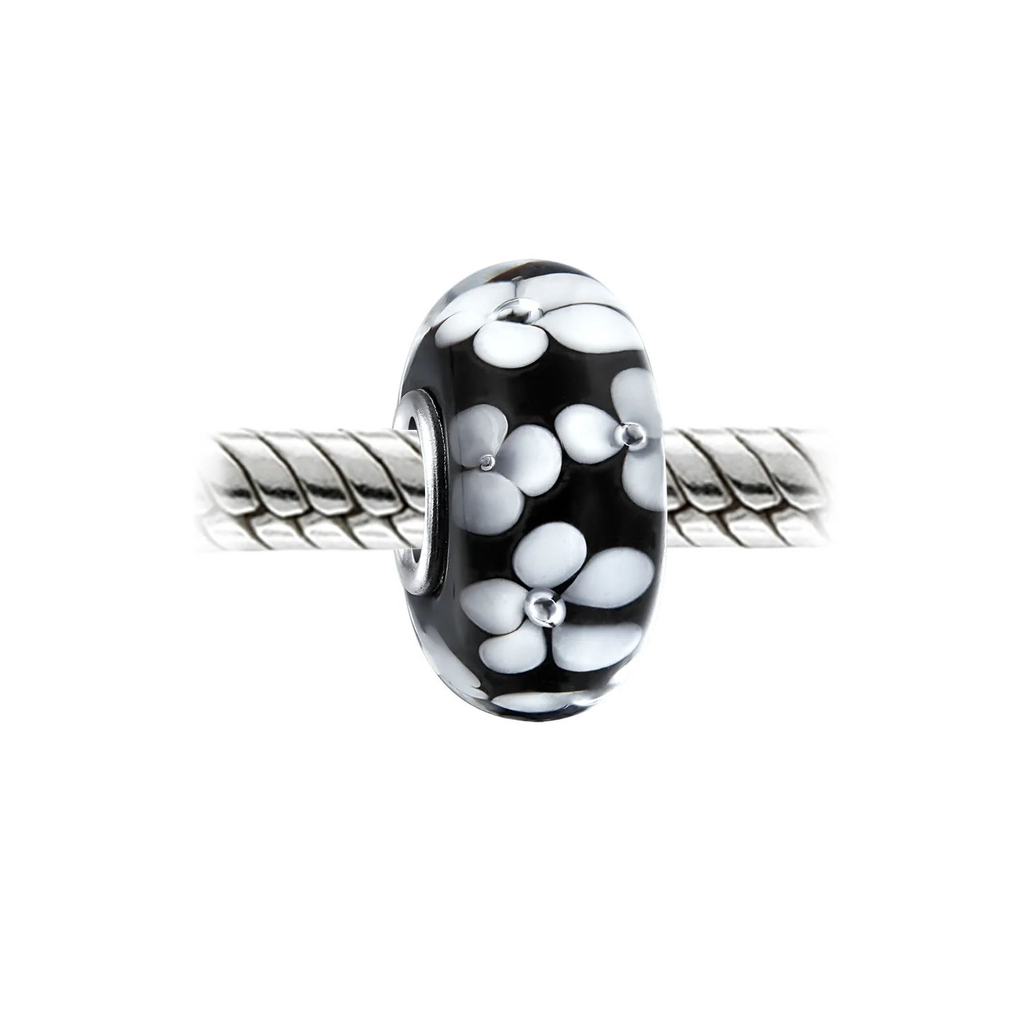 Set of 2 Murano Glass Charm Bead Sterling Silver Core Floral Design for Bracelet - Image 7