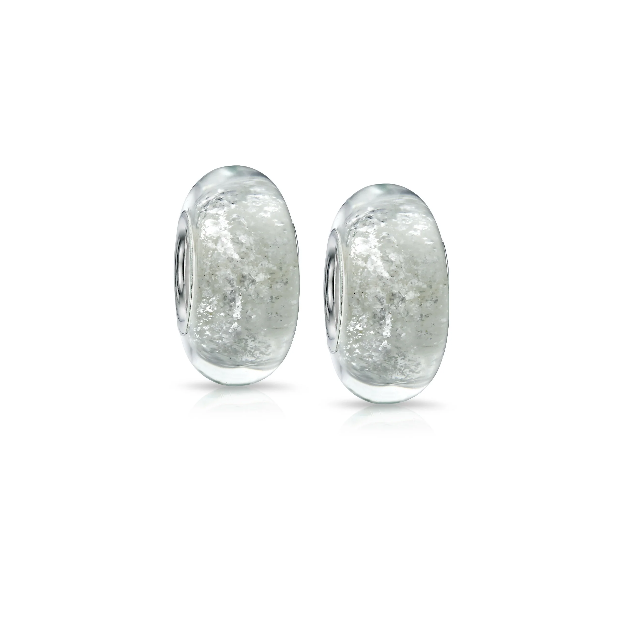 Set of 2 Murano Glass Charm Bead Sterling Silver Core White Glitter Foil Design