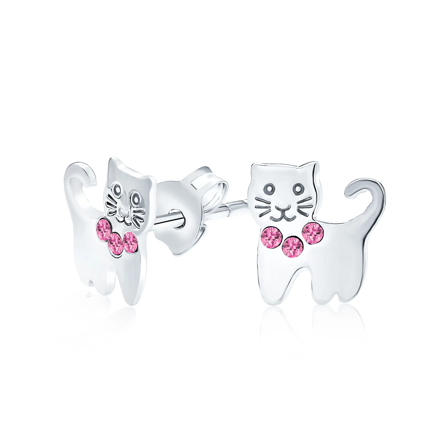 Set of 2 Pet Cat Kitty Pink CZ Dangle & Crystal Stud Earrings Sterling Silver - Image 3