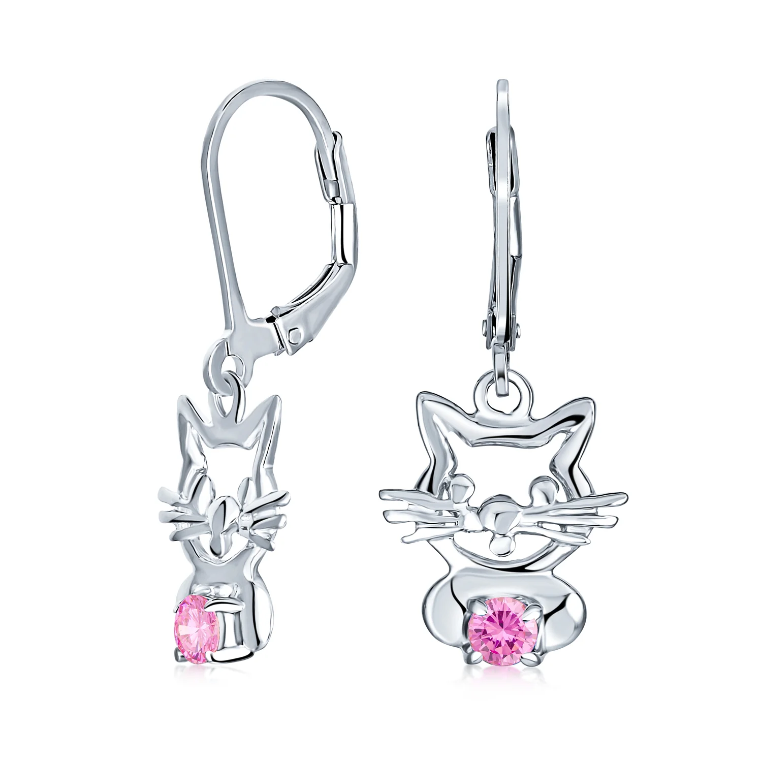Set of 2 Pet Cat Kitty Pink CZ Dangle & Crystal Stud Earrings Sterling Silver - Image 5