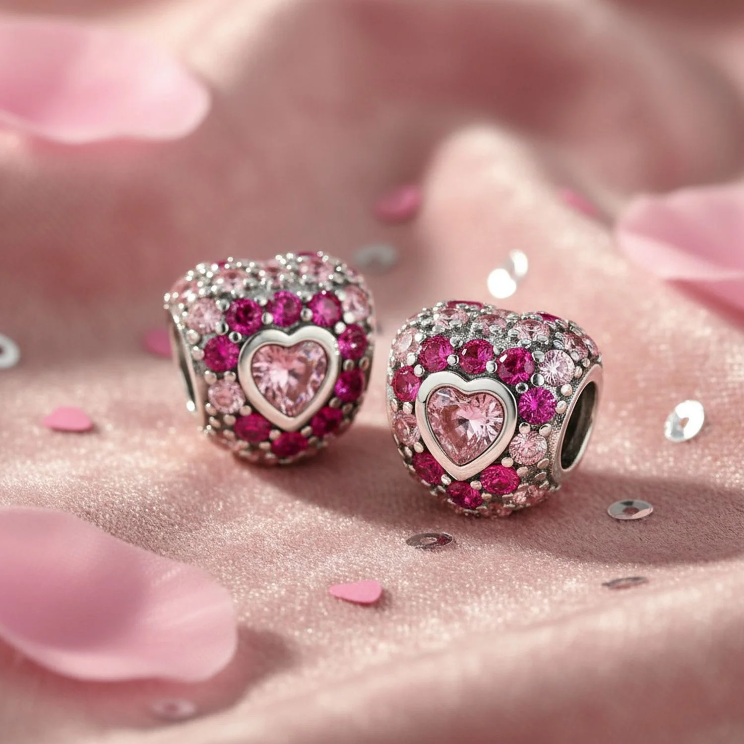 Set of 2 Pink CZ Pave Heart Charm Bead Sterling Silver for European Bracelet - Image 2