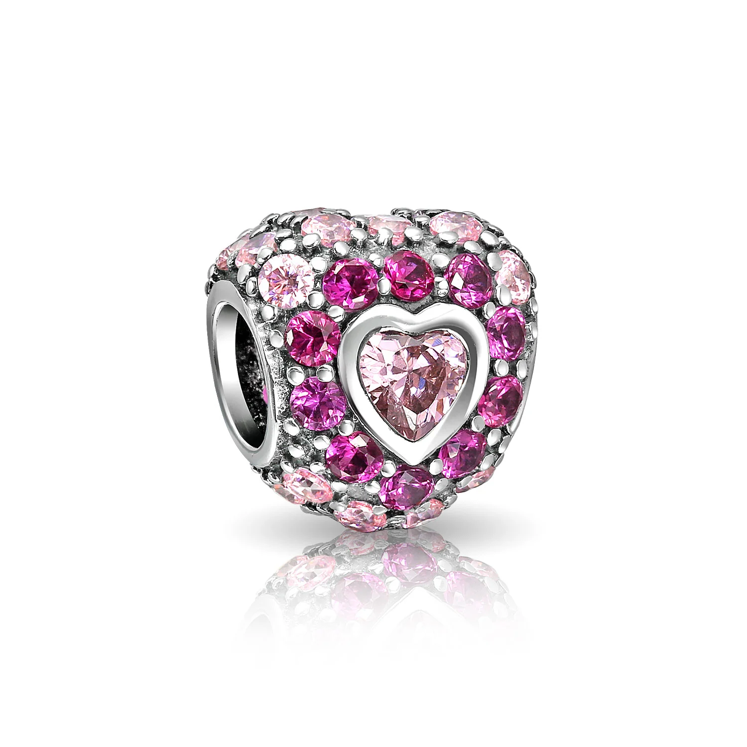 Set of 2 Pink CZ Pave Heart Charm Bead Sterling Silver for European Bracelet - Image 3