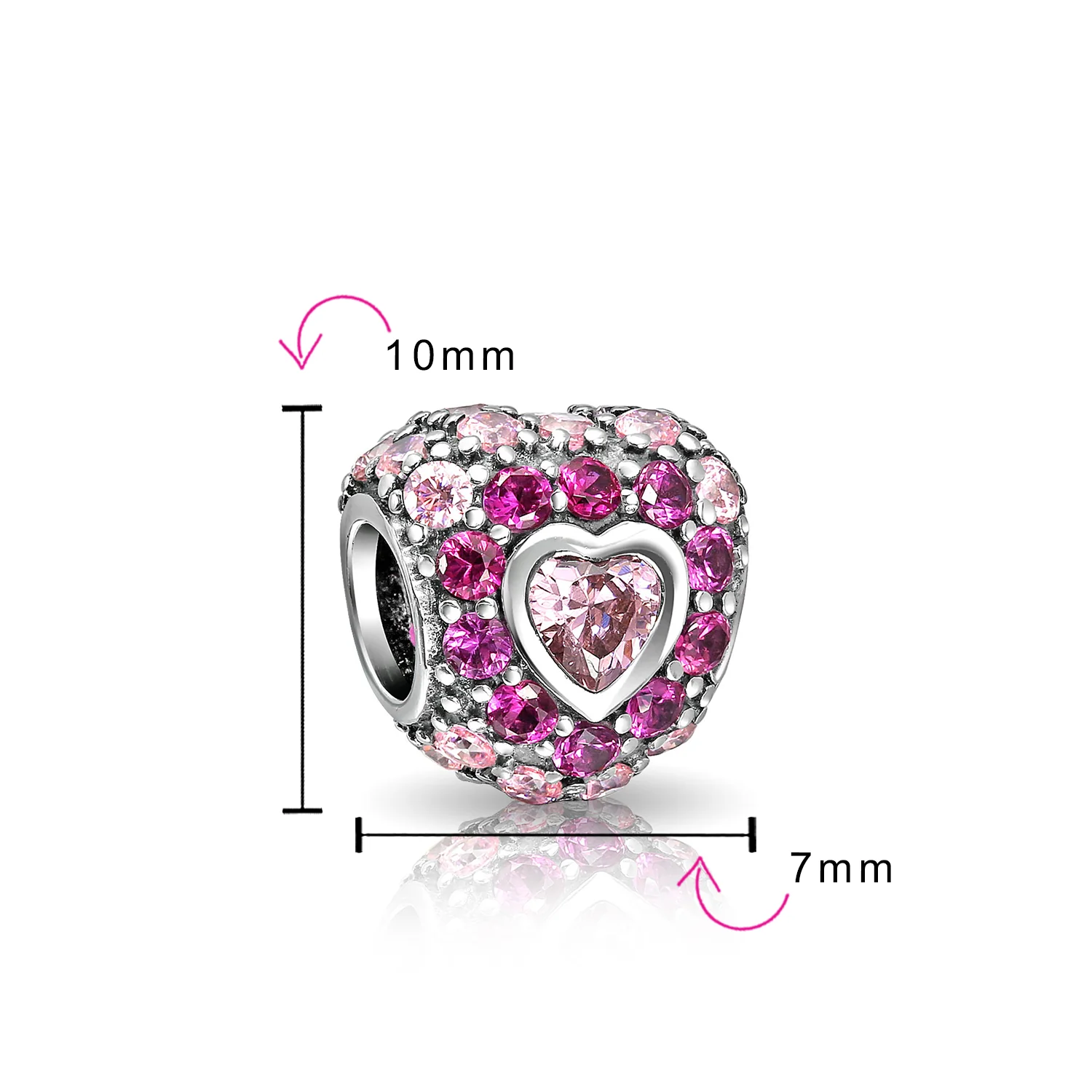 Set of 2 Pink CZ Pave Heart Charm Bead Sterling Silver for European Bracelet - Image 4